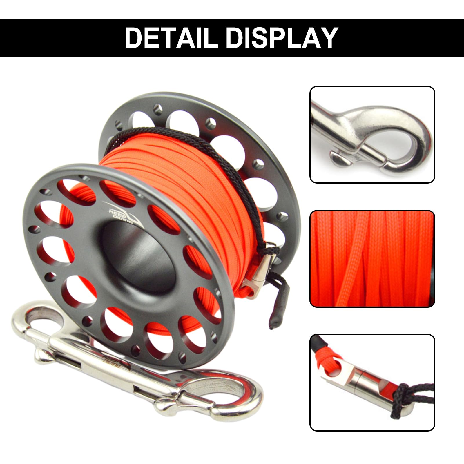 Bobine de doigt de 30 m en alliage d'aluminium avec double crochet - Engrenage de plongée en acier inoxydable pour fournitures de plongée sous-marine