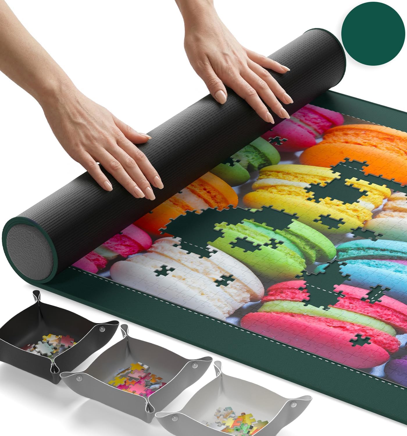 Newverest Tapis puzzle enroulable 100 x 60 cm - Peut contenir jusqu'à 1000 pièces, dessous antidérapant et surface lisse + 3 plateaux de tri et sac de transport pour voyage