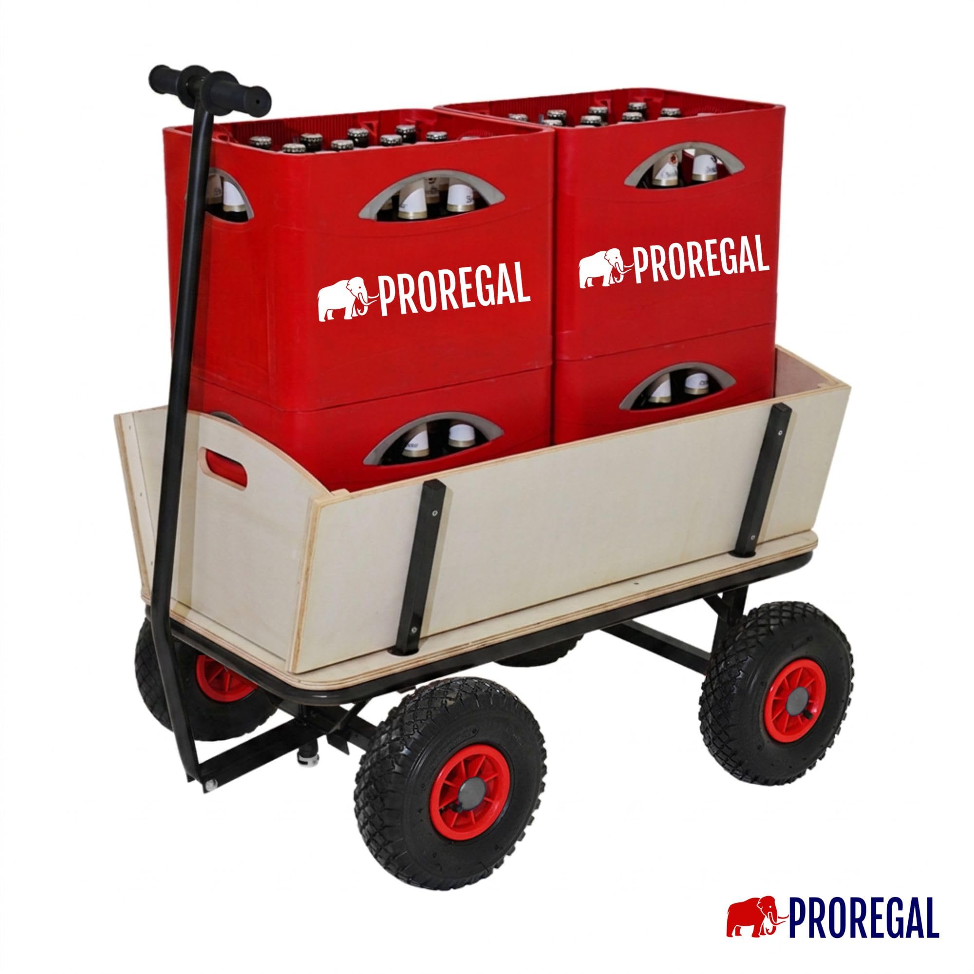 PROREGAL Profi Bollerwagen Bolly Holz Luftreifen HxBxT 97x90x60cm, Traglast 150kg, Luftbereifung, Schwarz, Handwagen Holzbollerwagen Transportwagen