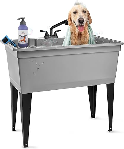 Tehila - Fregadero independiente de doble ancho con patas de acero y grifo extraíble negro, multiusos, resistente para lavandería y fregadero de