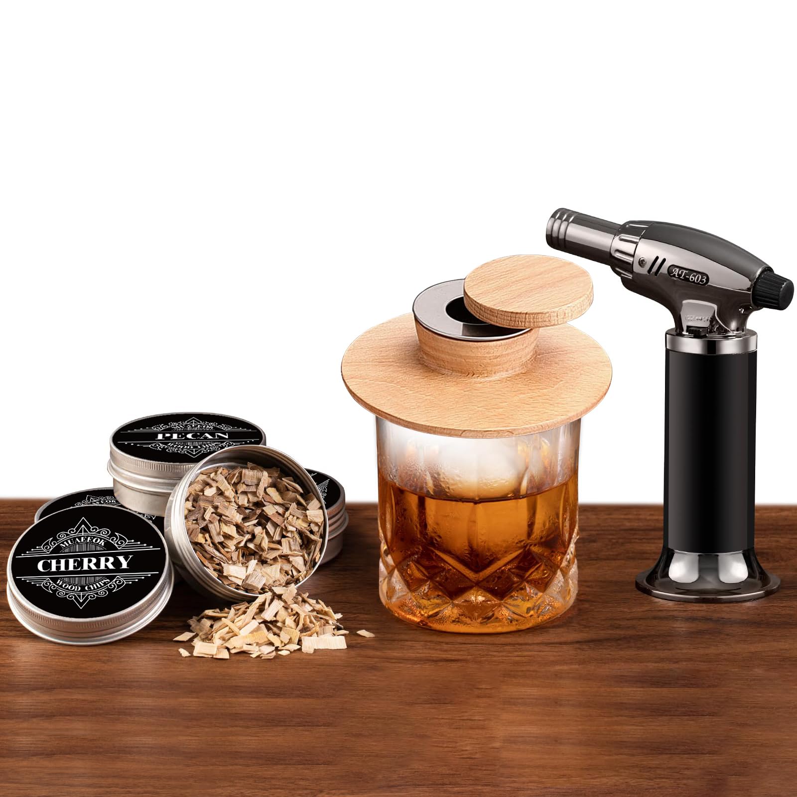 MUAEEOKCocktail Smoker Kit with Torch, 2 Ice Ball Maker, 4 Flavor Wood Chips - Old Fashioned Drink Smoker for Whiskey, Bourbon - Gifts for Men, Dad, Husband, Birthday