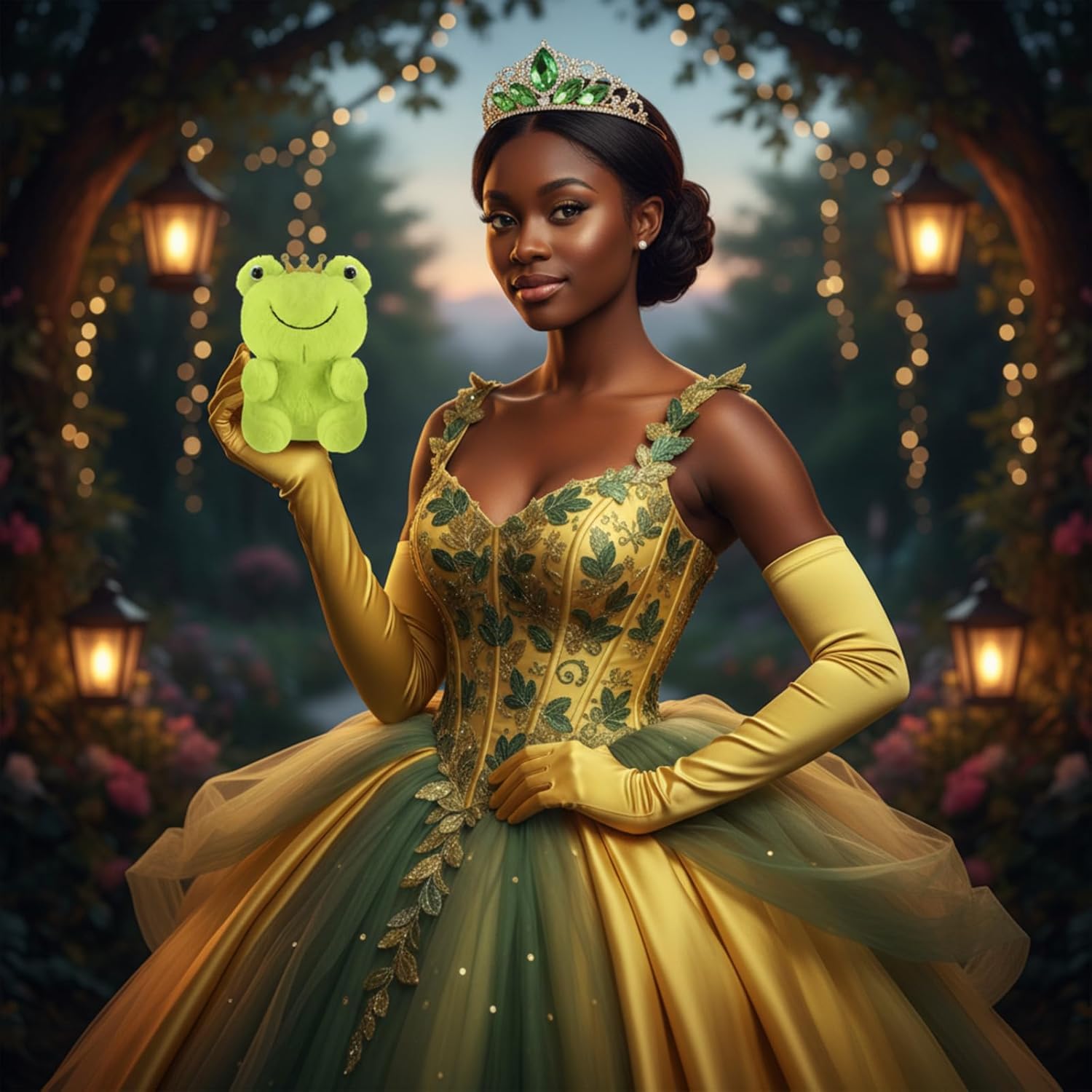 Preboun Princess Costume Accessories for Women,Green Tiara Crown Gloves Stuffed Frog Set for Halloween Cosplay Dress up Party - Image 3