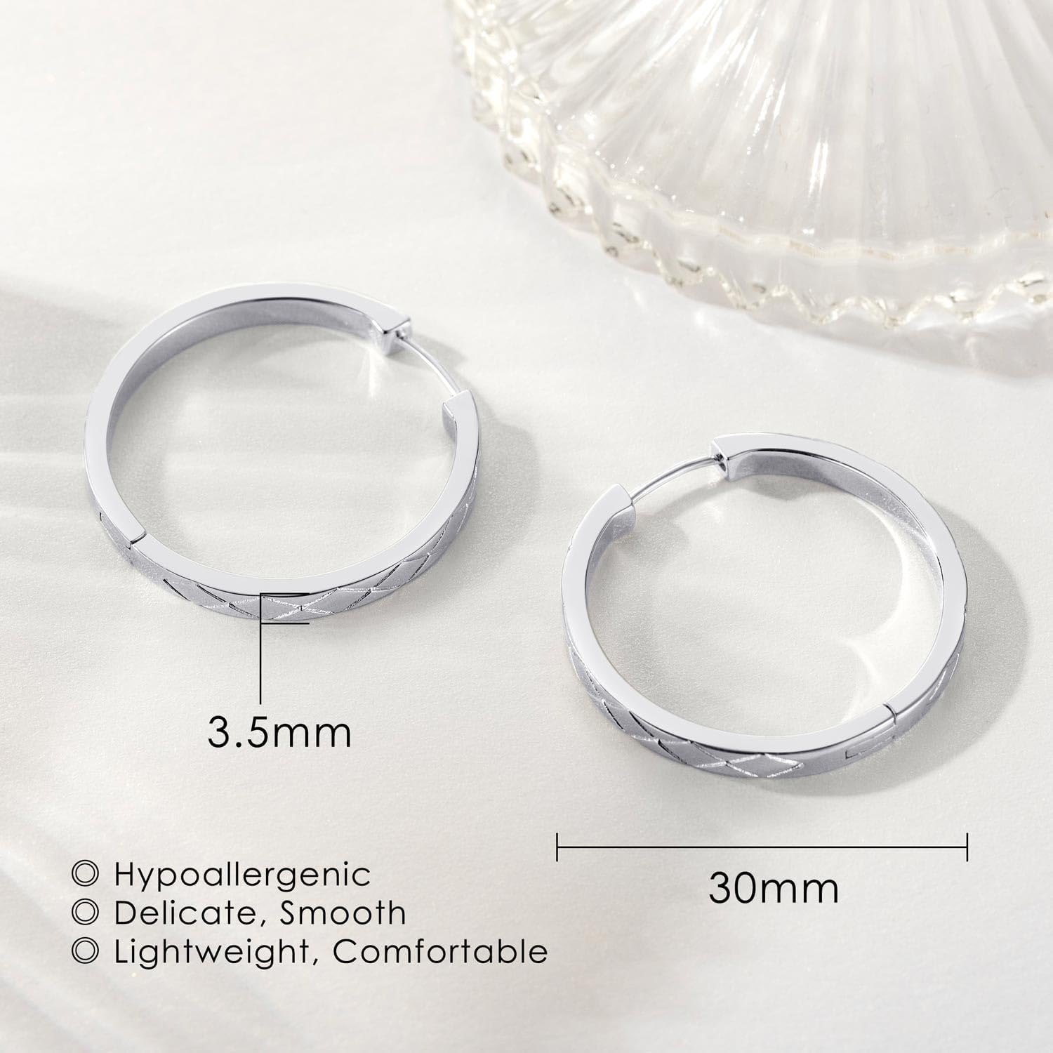 Sterling Silver Hoop Earrings for Women Silver Earrings Hoops Large Silver Huggie Hoop Earrings Unique Cross-cut Design 30MM*3.5MM