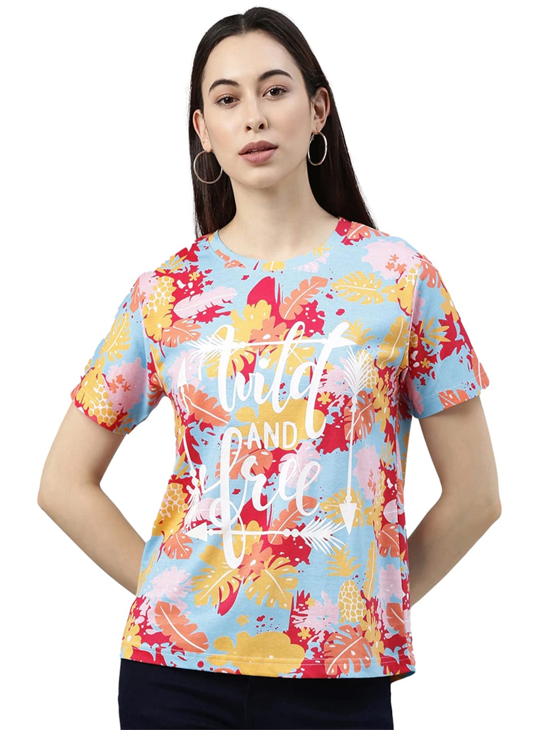 JUNEBERRYMulticolour Cotton Round-Neck T-Shirt with Tropical Print for Women