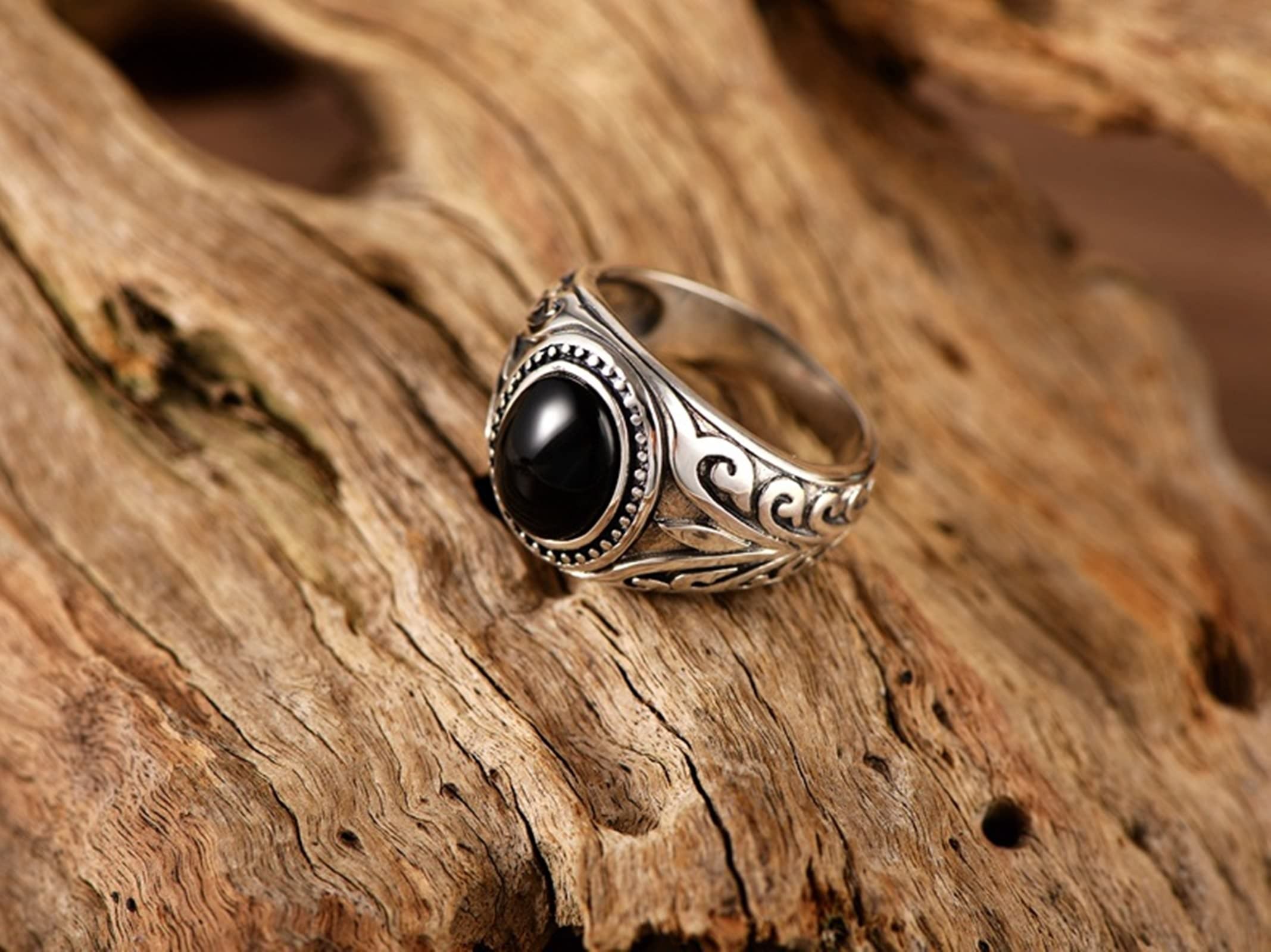 AMDXD Sterling 925 Silber Ringe, Antique Muster Ringe Silber Jungs für Herren, Biker Hip Hop Ring mit Achat Schwarz Oval Form, Silber, Echtschmuck