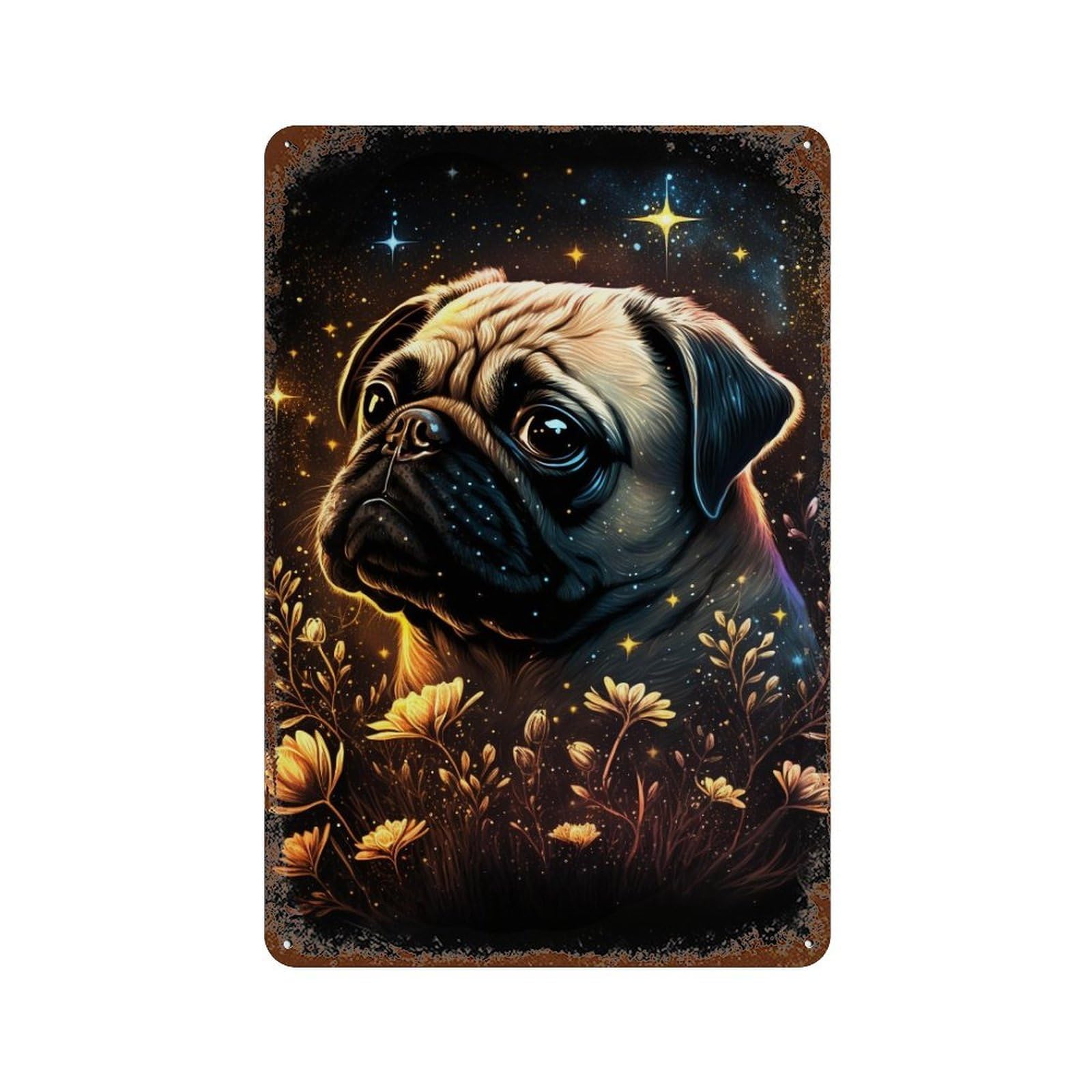 Magical Pug with Flowers -1 Rustic Tin Plaque 11.8"x7.9", Novelty Wall Decor for Garage, Pub Or Kitchen
