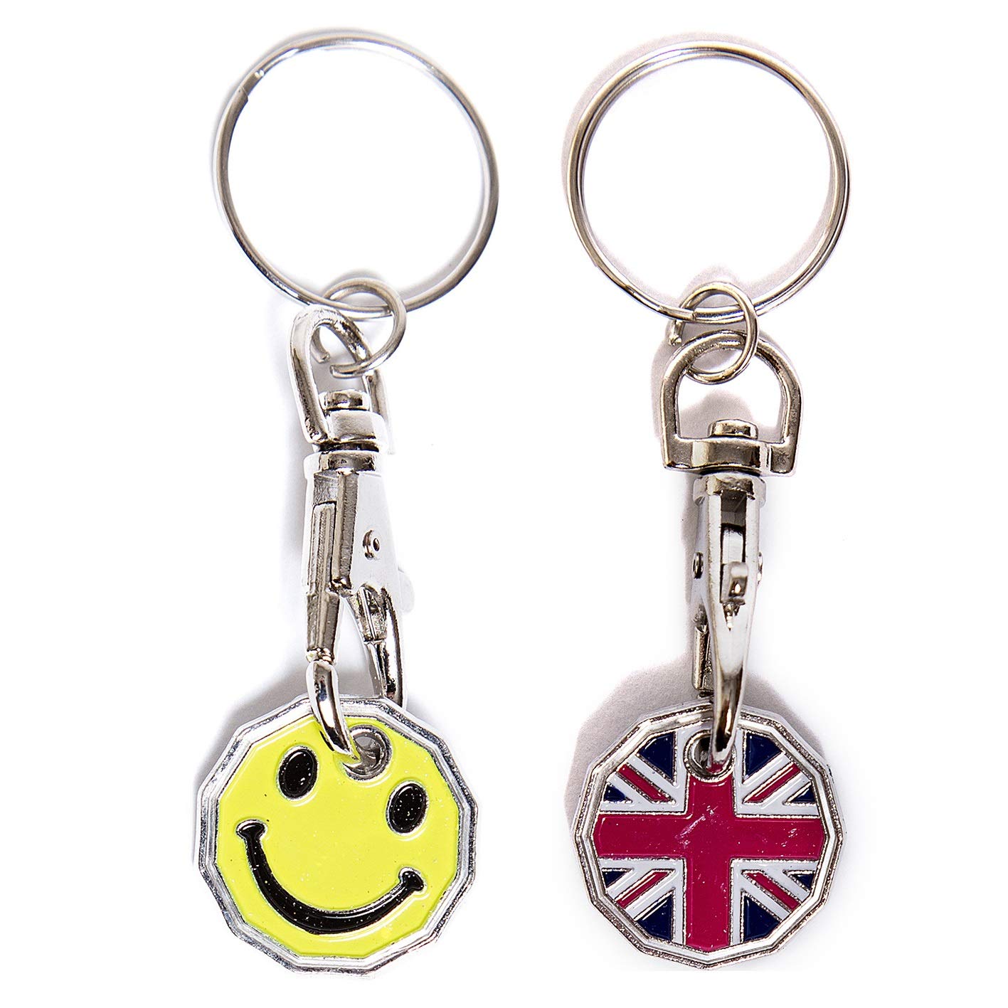 UK Phoenix Shopping Locker Trolley Token Key Ring New 12 Sided £1 Pound Coin Shape Asda Aldi Lidl Tesco Token Locker Gym Shopping Shops (Smiley & Union Jack)