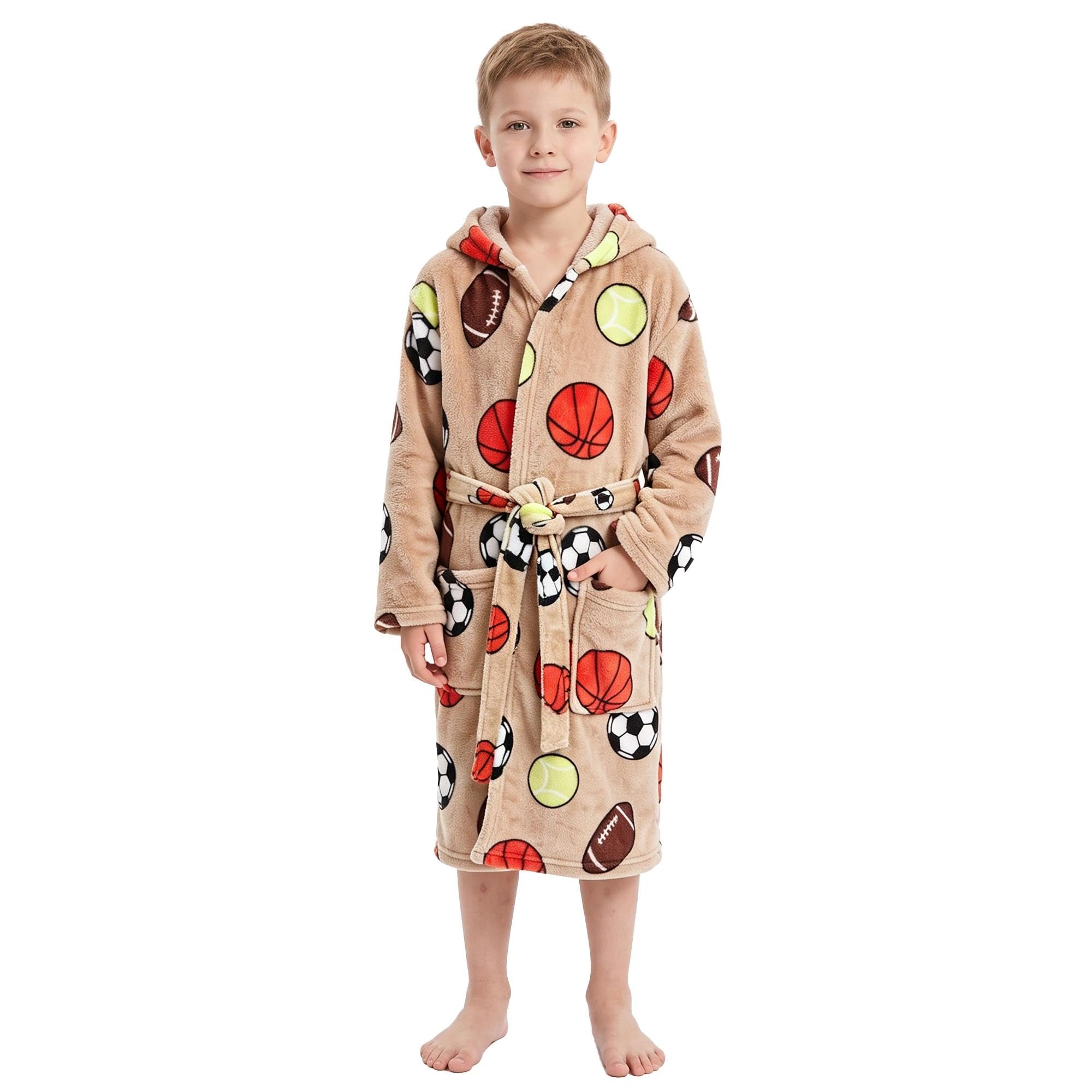 V.&amp;GRIN Boys Fleece Hooded Robe, Soft Print Bathrobe Kids 5-14(Ball Games5-6)