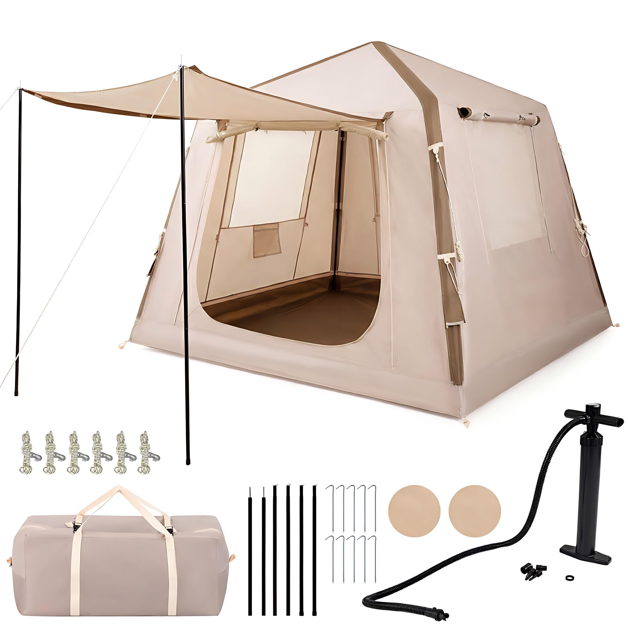 HOMASIS Tenda da Campeggio Gonfiabile, Tenda a Cabina da Esterno per 2-4 Persone, con Pompa, Porte e Finestra in Rete, in Tessuto Oxford Impermeabile, per Viaggi e Escursionie, 210 x 210 x 180 cm