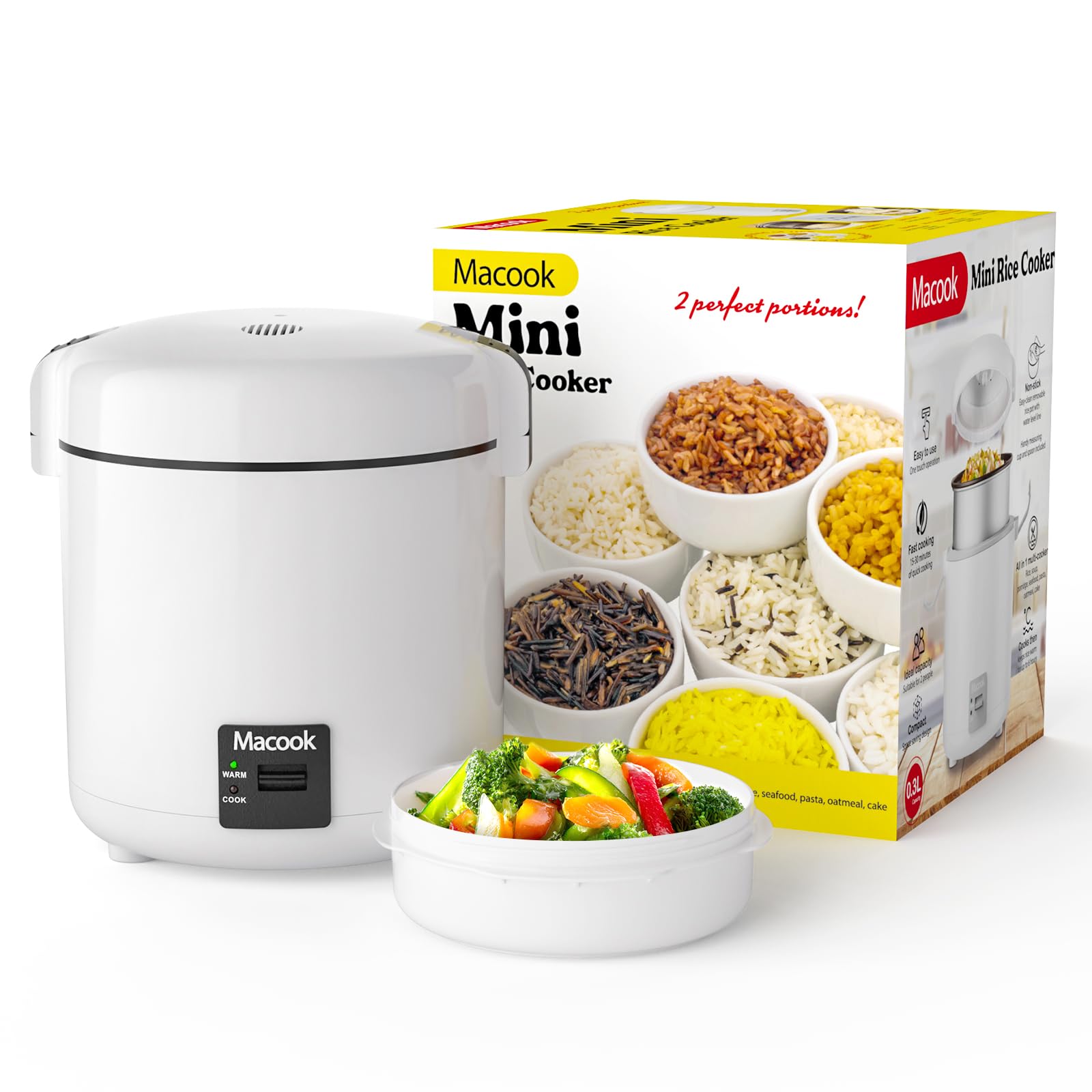 Mini Rice Cooker 1-1.5 Cups Uncooked(3 Cups Cooked), with Bento Box, Removable Nonstick Pot, One Touch&Keep Warm Function, Portable Rice Cooker for Soup Grain Oatmeal Veggie, Black