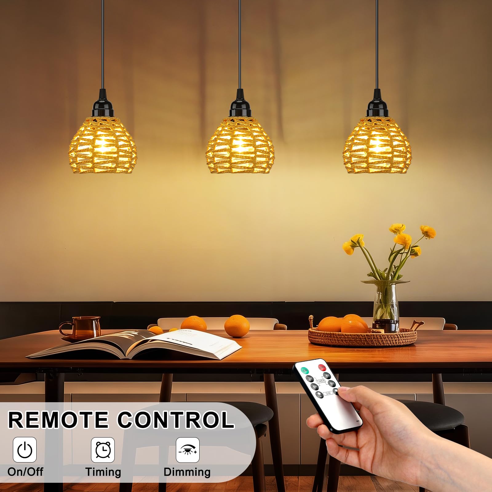 Lampada a Sospensione a Batteria, 3 Lampadario Rattan da Esterno Con Telecomando, Regolabile, Timer, IP65 Impermeabile Per Interni Gazebo Giardino Campeggio pranzo