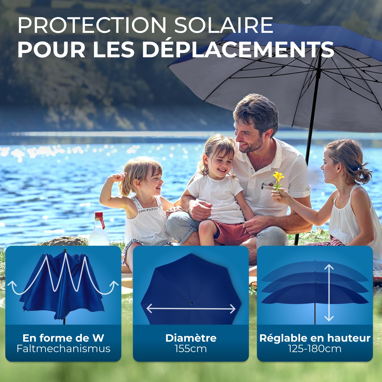 STYNGARD Parasol Plage Anti UV et Vent UV 50+ [155 cm ⌀] - Parasol de Voyage avec des câbles d'ancrage - Modèle NICE