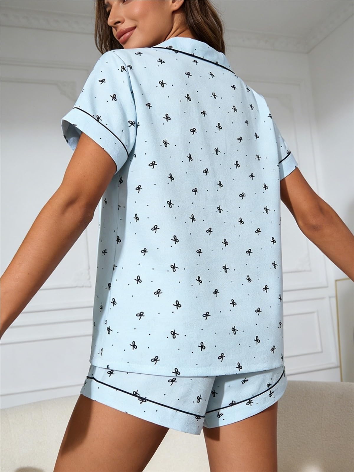 Pijamas for Mujer, cárdigan con Solapa, Pantalones Cortos de Manga Corta, Conjunto 2 Piezas, Ropa casa Estampado Lunares y Lazo Bonito for Primavera Verano para Descanso en casa