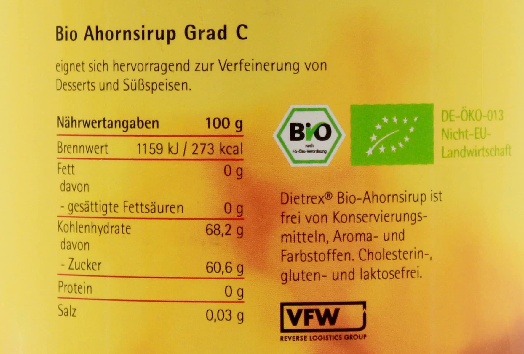 Dietrex Ahorn Siroop Graad C 1000ml Flasche (Ahorn Sirup Güteklasse C)