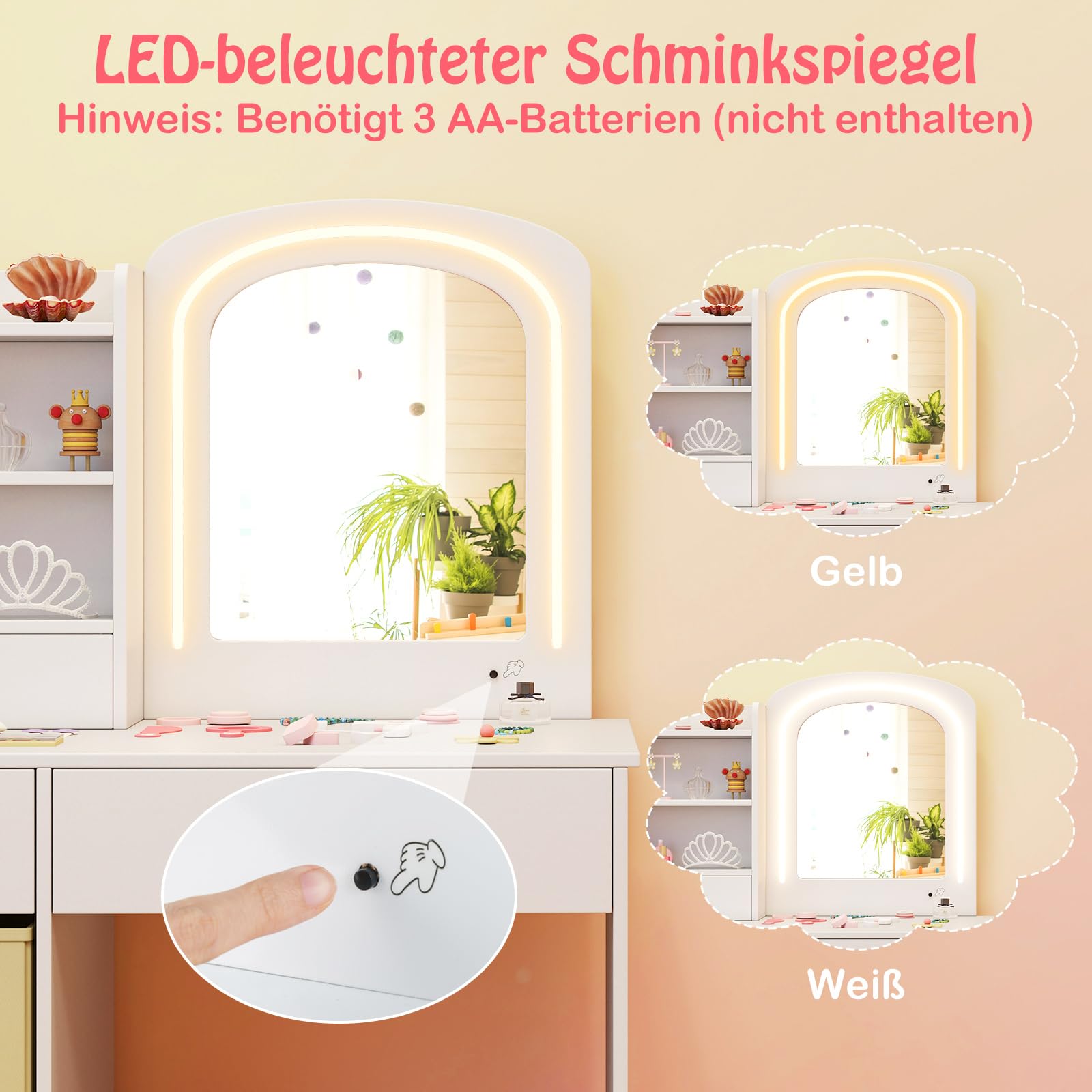 COSTWAY Kinder Schminktisch mit Beleuchtung, Kinderschminktisch mit Spiegel, Schubladen & 2 Aufbewahrungsboxen, Frisiertisch Prinzessin mit Hocker, Kosmetiktisch für Mädchen ab 3 Jahren, Weiß