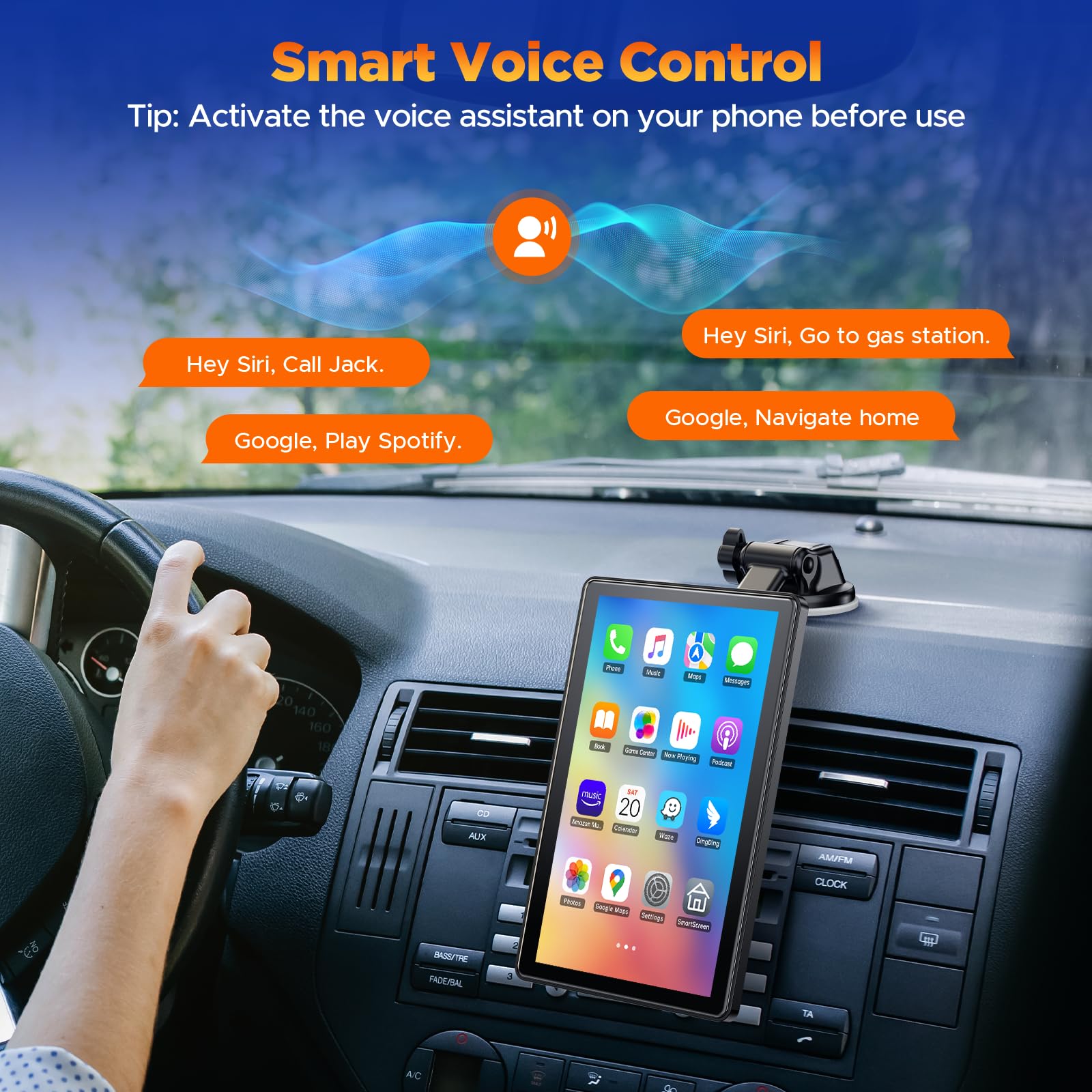 Volam Wyświetlacz Carplay 17.8 cm z funkcją A-pple Carplay Android Auto, ekran poziomy i pionowy, uchwyt magnetyczny, przenośne samochodowe stereo z nawigacją na żywo, sterowanie głosowe, łącze