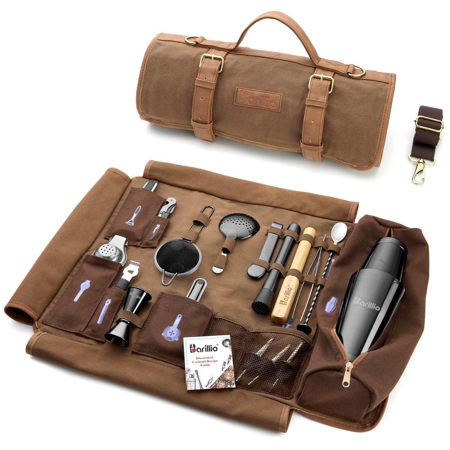 Barillio Bartender Kit Bag with Black Cocktail Shaker Set - Waxed Canvas, Traveling Bar Tools Bag with 17-Pc Cocktail Kit - Travel Mixology Bartending Kits - Mobile Bar Roll with Strap & Accessories