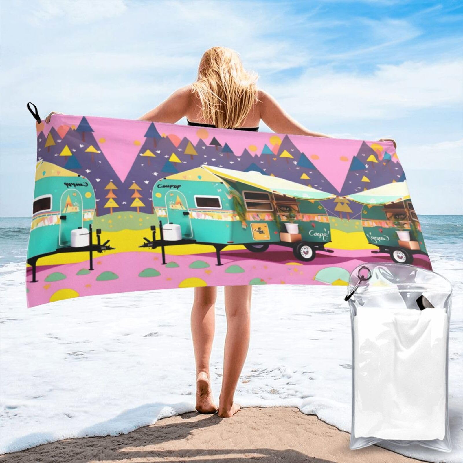 WYCZHY You Make Me Happy Camper Trailer Print Beach Towel Soft Quick Dry For Spa Pool Gym Vacation Travelers Women Men Adults Sauna Gift