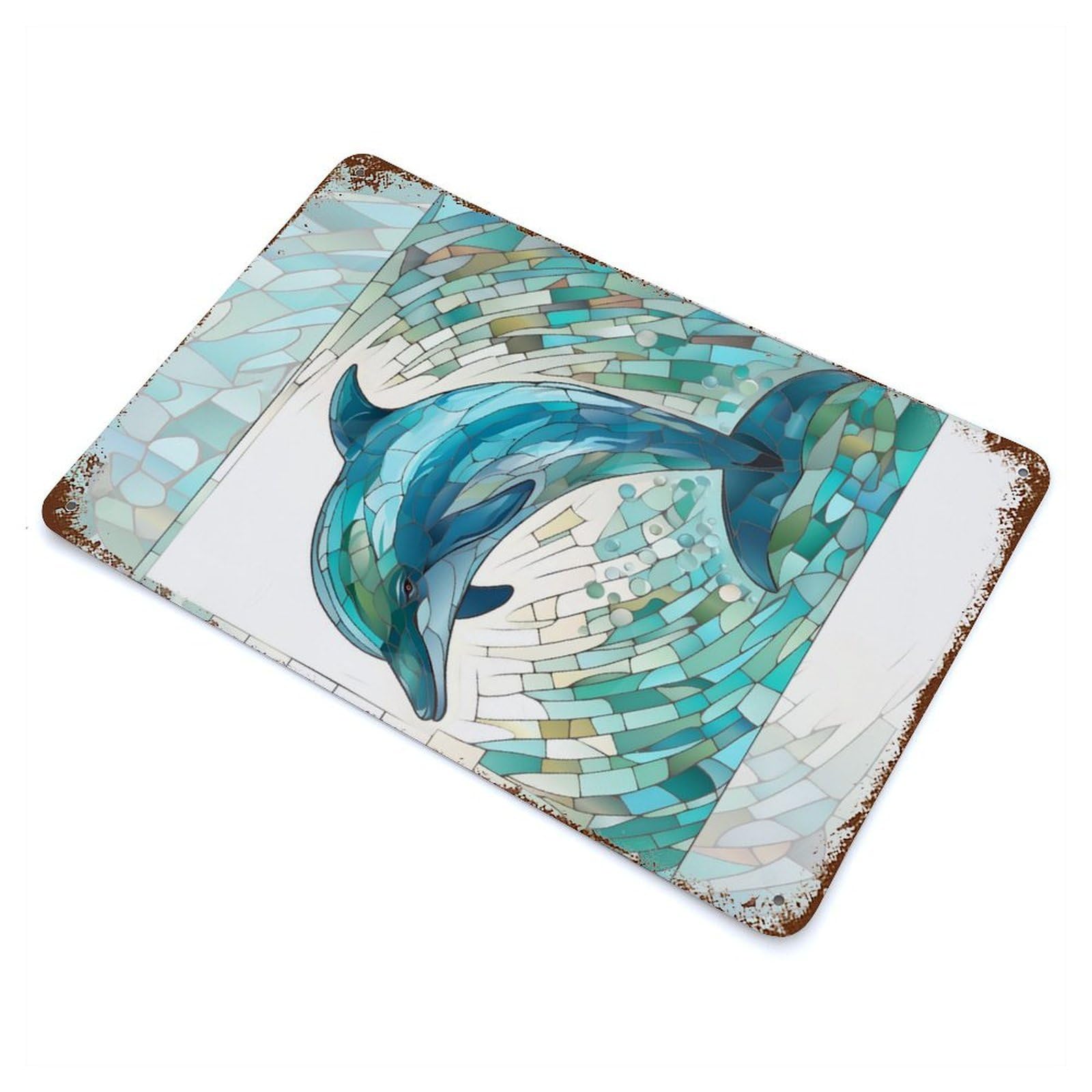 Weathered Tin Sign with Stained Glass Dolphin Design 11.8"x7.9", for Garage, Bar And Workshop Decor, Decorative Metal Wall Art