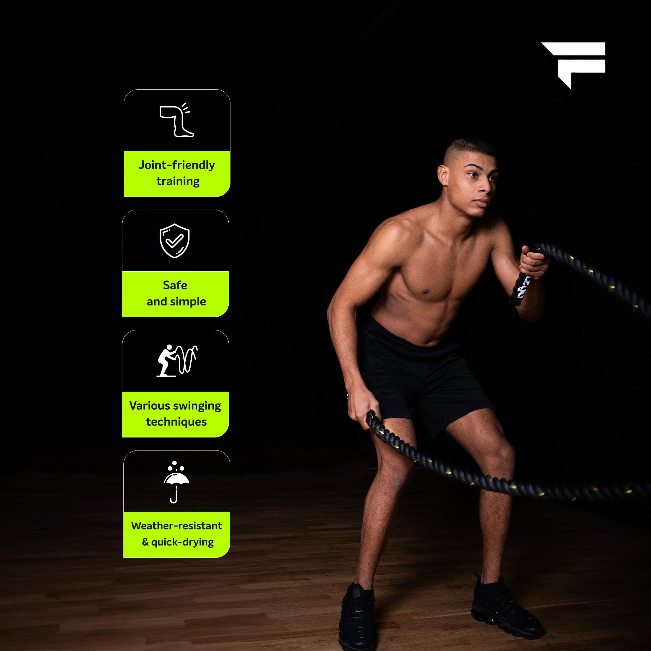 FIZYO Battle Rope – Corda da Allenamento Robusta per Functional Training, Cross Training, Forza e Resistenza – Diametro 3,8 cm, Costruzione a 3 Fili – Home Gym & Outdoor (9m)