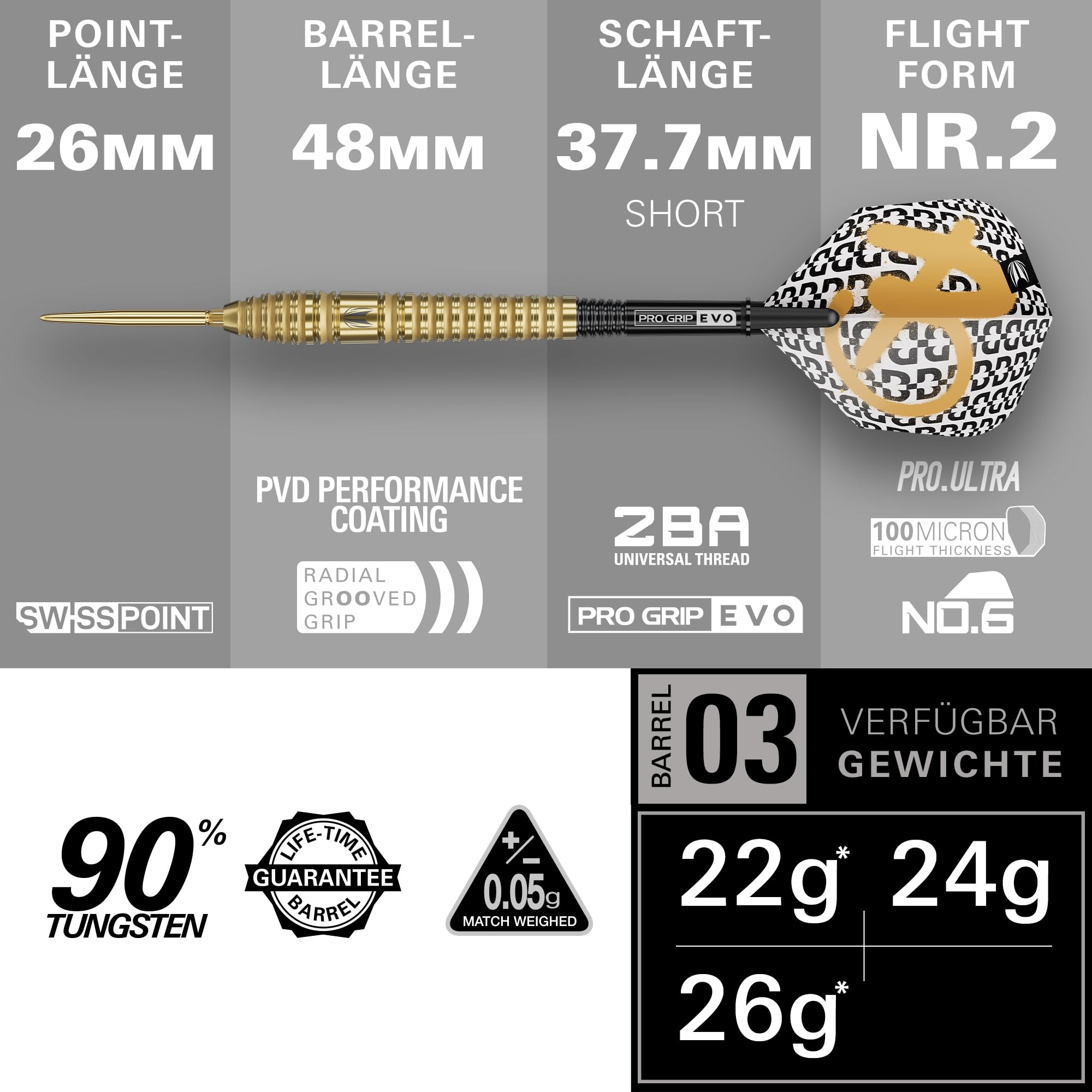 Target Darts Bolide Envy 90% Tungsten Swiss Point Steel Tip Dart Set (Barrel 01/02/03/04/05), 21G/22G/23G/24G/25G/26G | Nr. 6 Flights & Pro Grip EVO-Schaft, Gold Swiss Points & SP-Werkzeug