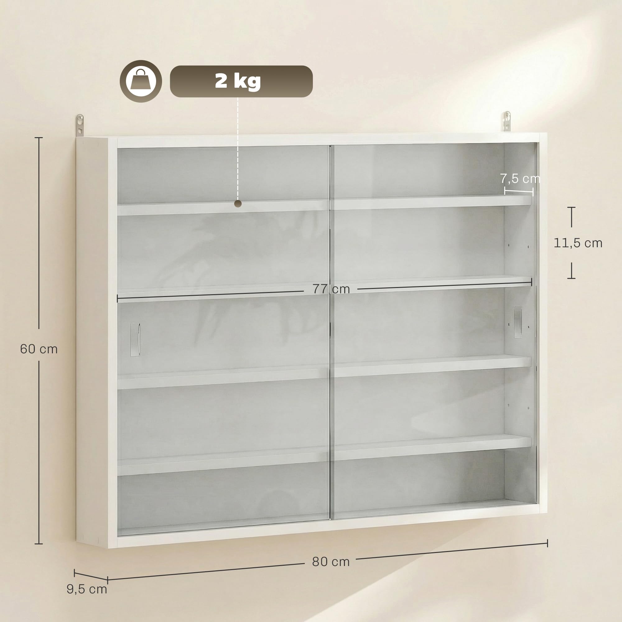 HOMCOM Vetrina espositiva per collezioni a 5 livelli, vetrina da parete, con ripiani regolabili e 2 ante scorrevoli in vetro, per profumi, statuine decorative, 80x9,5x60 cm, bianco