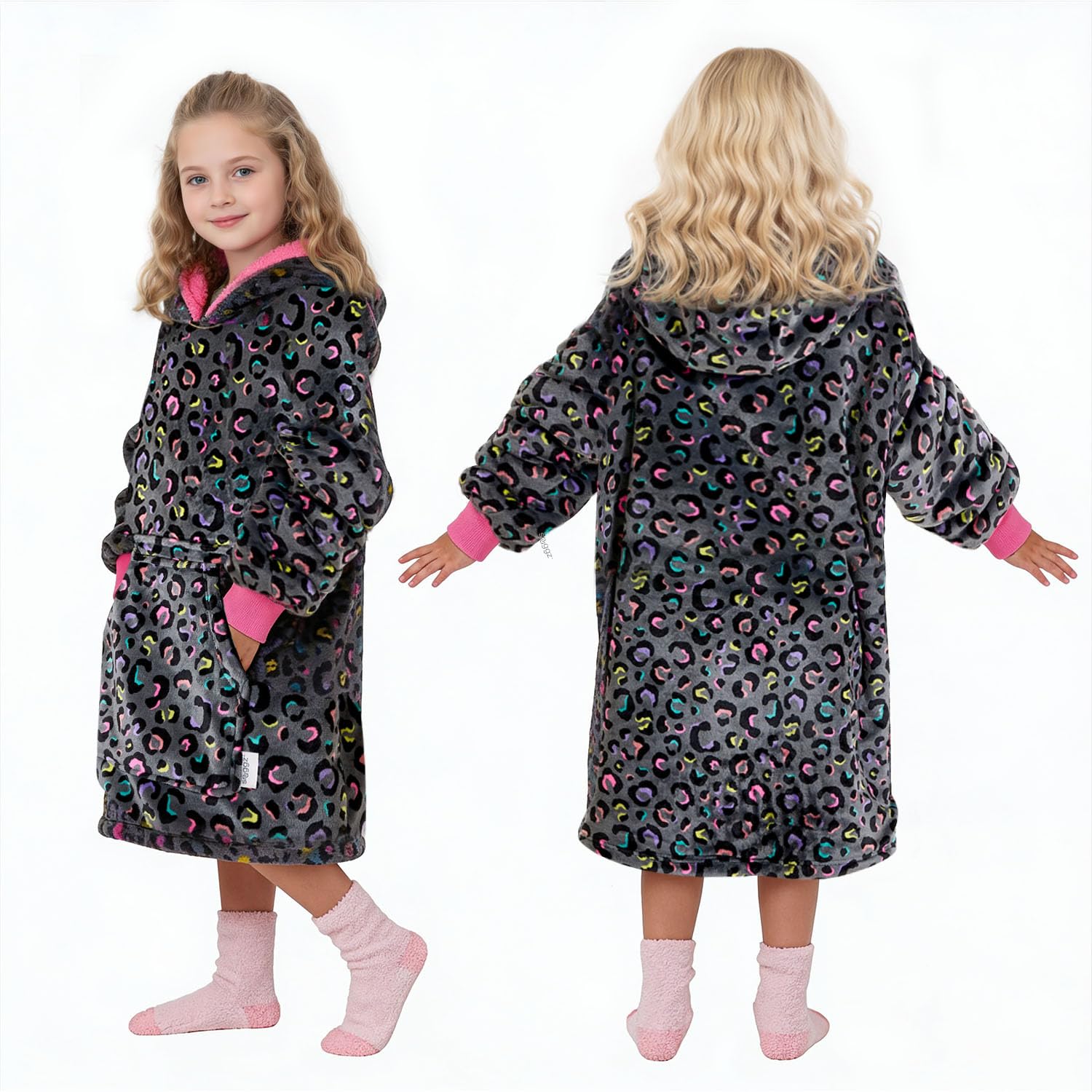 Snuggz Original Leopard Print Hooded Blanket Kids Medium (6-8 Years) - Soft Double Layer Oversized Fleece Hoodie, Hoodie Blanket with Large Front Pocket - Colourful Leopard Print Oversized Hoodie