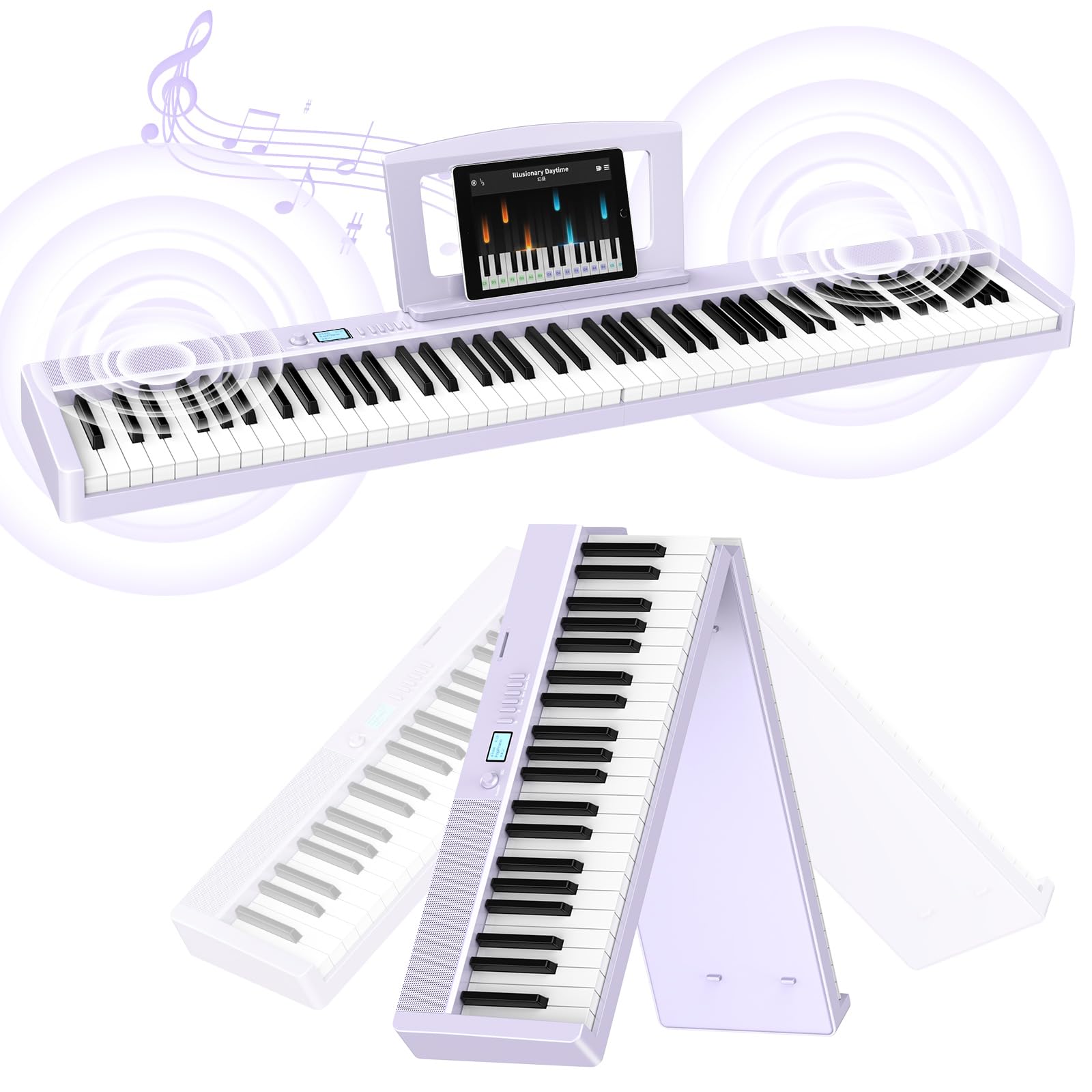 TERENCE Piano Plegable de 88 teclas con batería de 1800mAh 2x5W Altavoces Pedal Piano Bluetooth interfaz MIDI soporte para partituras bolsa adhesiva cable de audio pedal piano púrpura