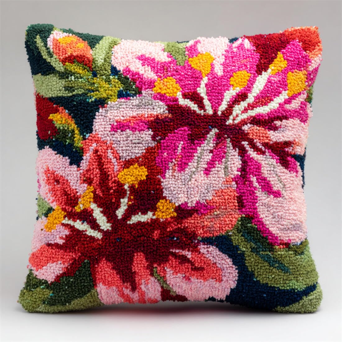 Kitquiver Latch Hook Pillow Kit Pink Flowers DIY Tapestry Throw Pillow Cover Needlepoint Cushion Kits for Home Décor Needlework Kit for Beginners 17x17In