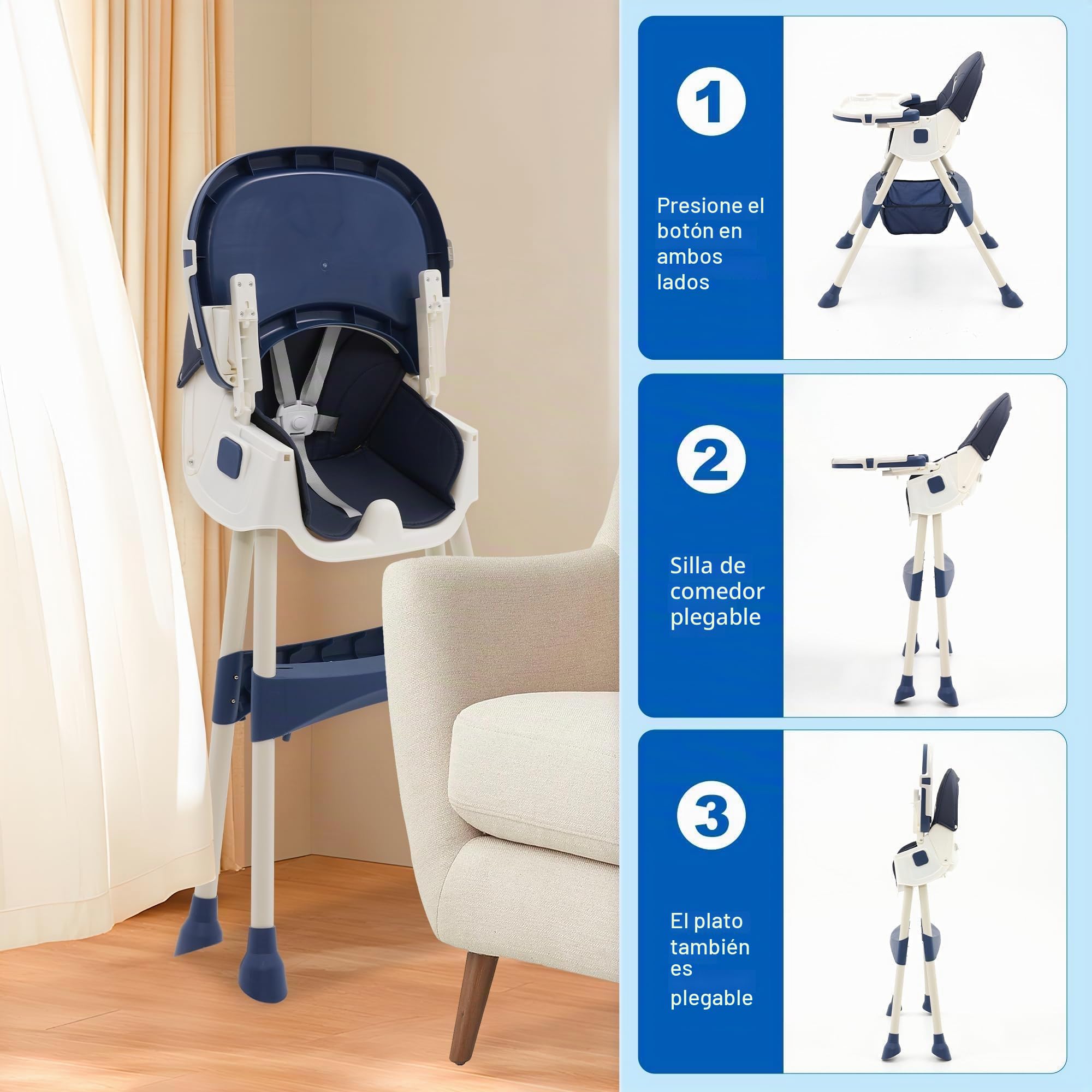 Trona Bebé Plegable 3 en 1, 3 Posiciones Reclinable con Doble Bandeja Extraíble y Ruedas, Asiento Reposapiés, Altura Regulable, 6+ Meses (Azul)