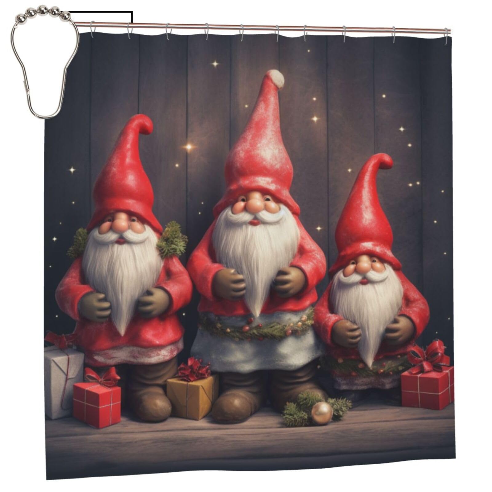 BWWHCCTI Gnomes Santa Printed Shower Curtain With 12 Iron Hooks Opaque Quick Drying Waterproof Shower Curtains Sets For Bathroom 183x183 CM