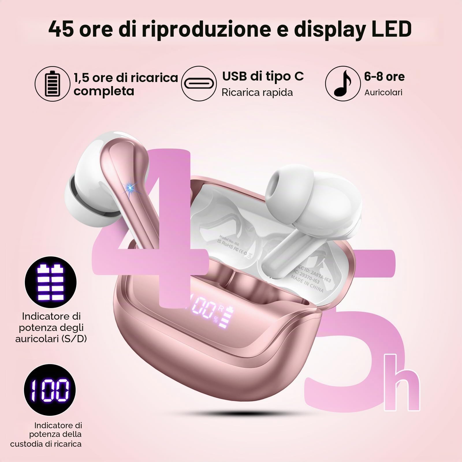 Cuffie Bluetooth, Auricolari Bluetooth 5.4 con 4 HD Mic, Cuffie Wireless Stereo HiFi, 45 Ore Cuffiette Bluetooth In Ear con LED Display, ENC Cancellazione Rumore, IP7 Impermeabili, Touch Control