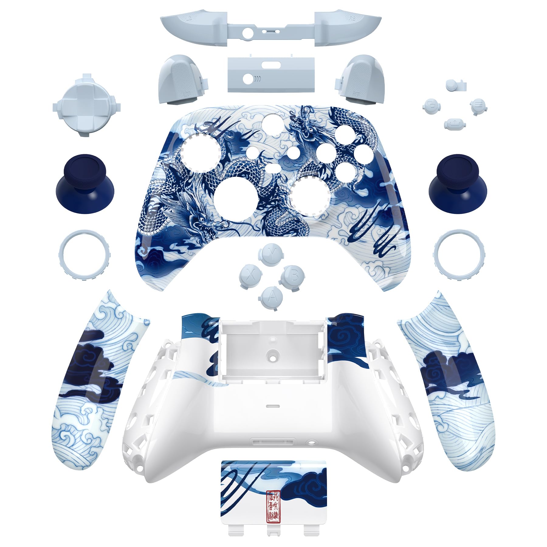 eXtremeRate Full Case & Buttons für Xbox Series X&S Controller, DIY-Ersatz Gehäuse Skin Faceplate/Back Cover/D-Pad Trigger Tasten/Thumbsticks Ersatzteile Set für Xbox Core Controller-Porzellan Drache