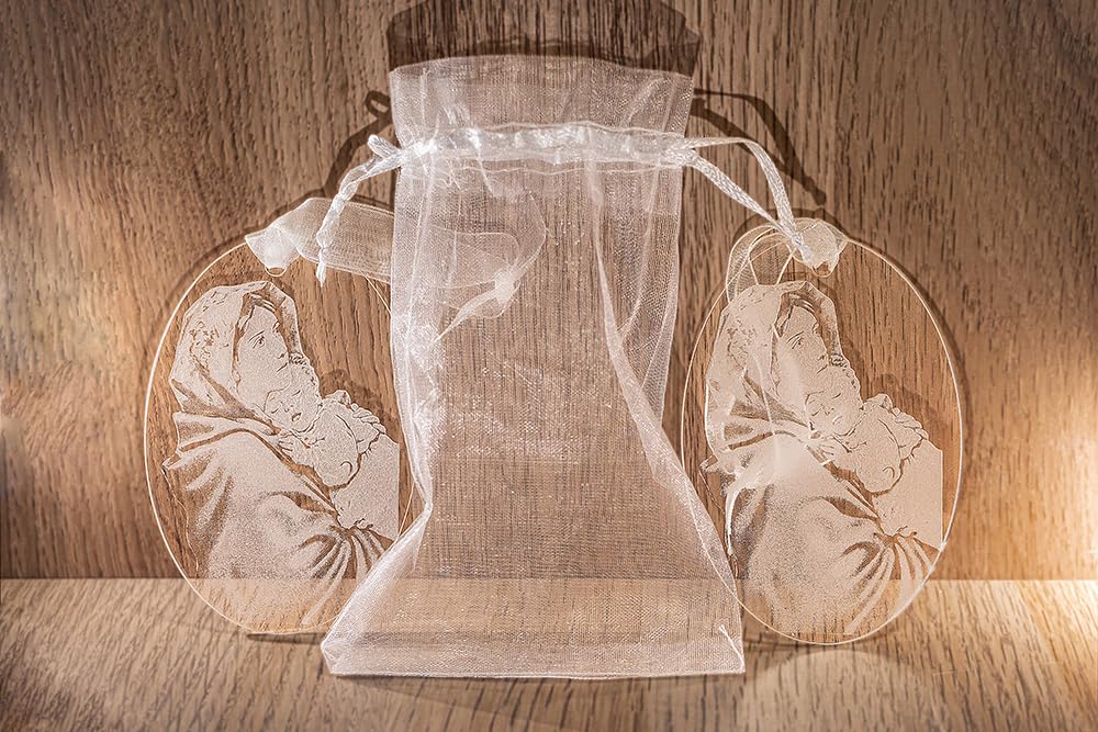 B BachVibes Virgin Mary with Baby Jesus Medallion (2 pcs), Baptism & Newborn Gift, Laser Engraved Transparent Acrylic
