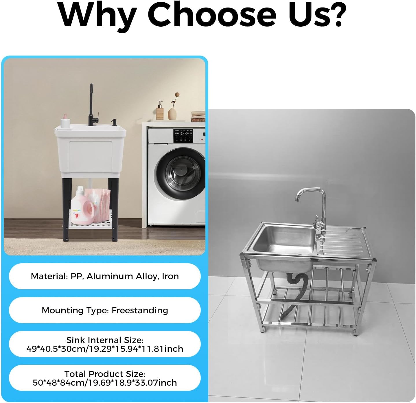Freestanding Utility Tub Sink, 19 x 18 x 33" Heavy Duty Plastic Laundry Tub Portable and Compact Sink with Faucet for Outdoor Kitchen Laundry Room Garage & Basement (White)