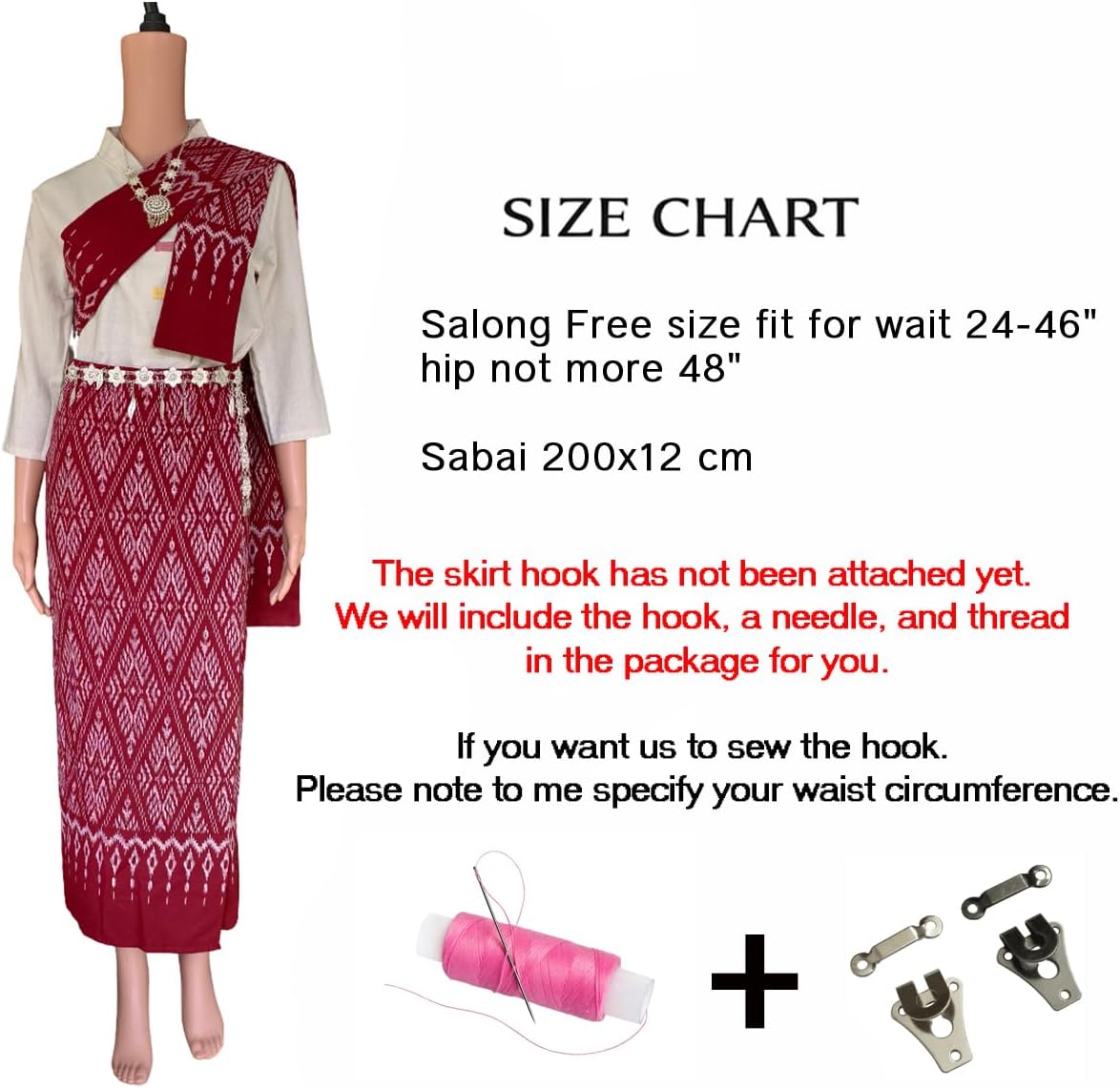 Set Thai Salong+Sabai - Cotton Salong - Free Size -Asian Salong - Lanna Style - Red Color (Shirt is not included)