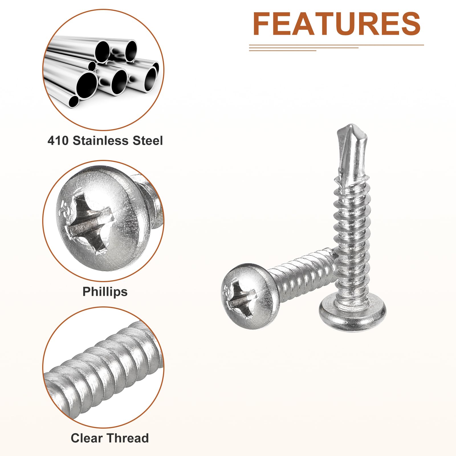 DTGN #10x1" Pan Head Self Drilling Screws - 100Pack - 410 Stainless Steel Phillips Drive Self Tapping Sheet Metal Screws - Image 4