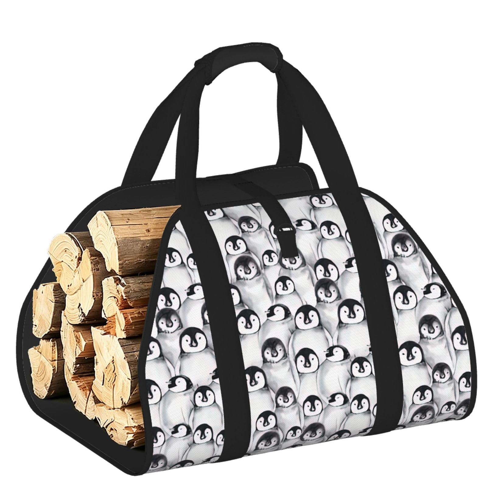 Cute Penguins Sketch Print Firewood Bag Wood Carrier Transport Sack Camping Picnic Storage Daily Home