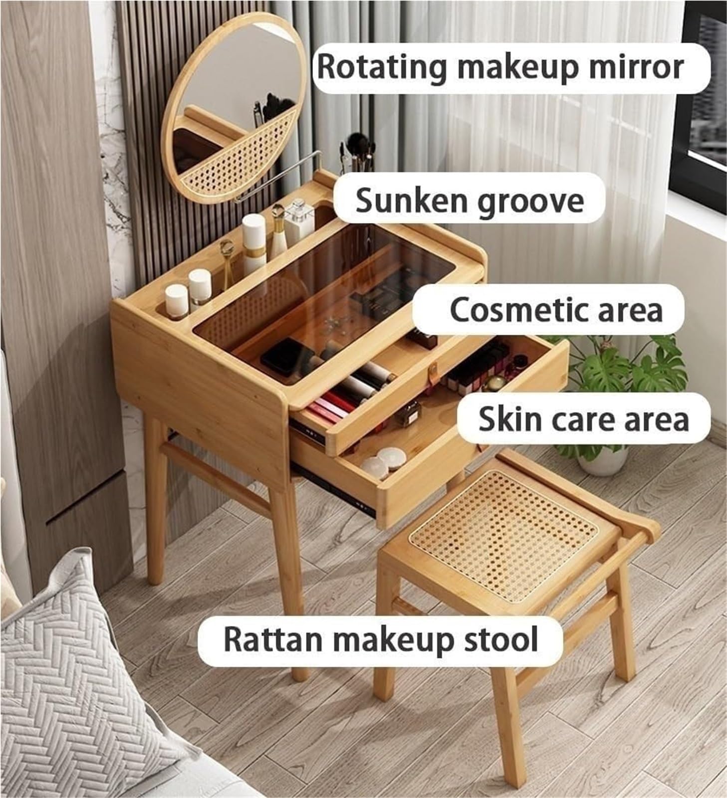 Bambus Make-up Vani mit Spiegel Platzsparende Kommode für kleine Wohnungen Slish s Top Sto für Ankleidebereiche und Schlafzimmer