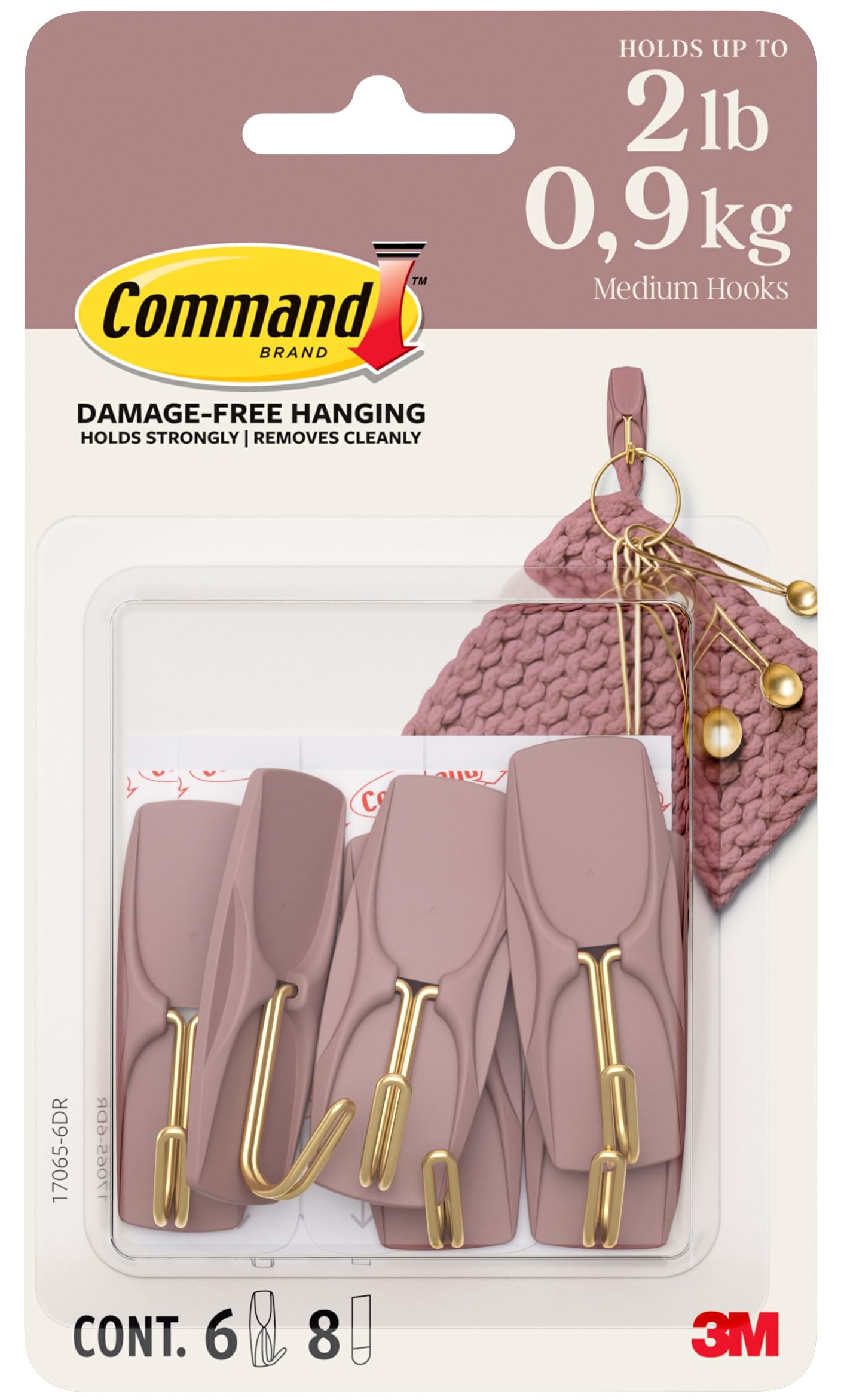 Command Medium Wire Hooks, Dusty Rose, 6 Hooks, 8 Strips Damage-Free Hanging with Adhesive, No Tools Great for Hanging Home Decor, Holds up to 900g