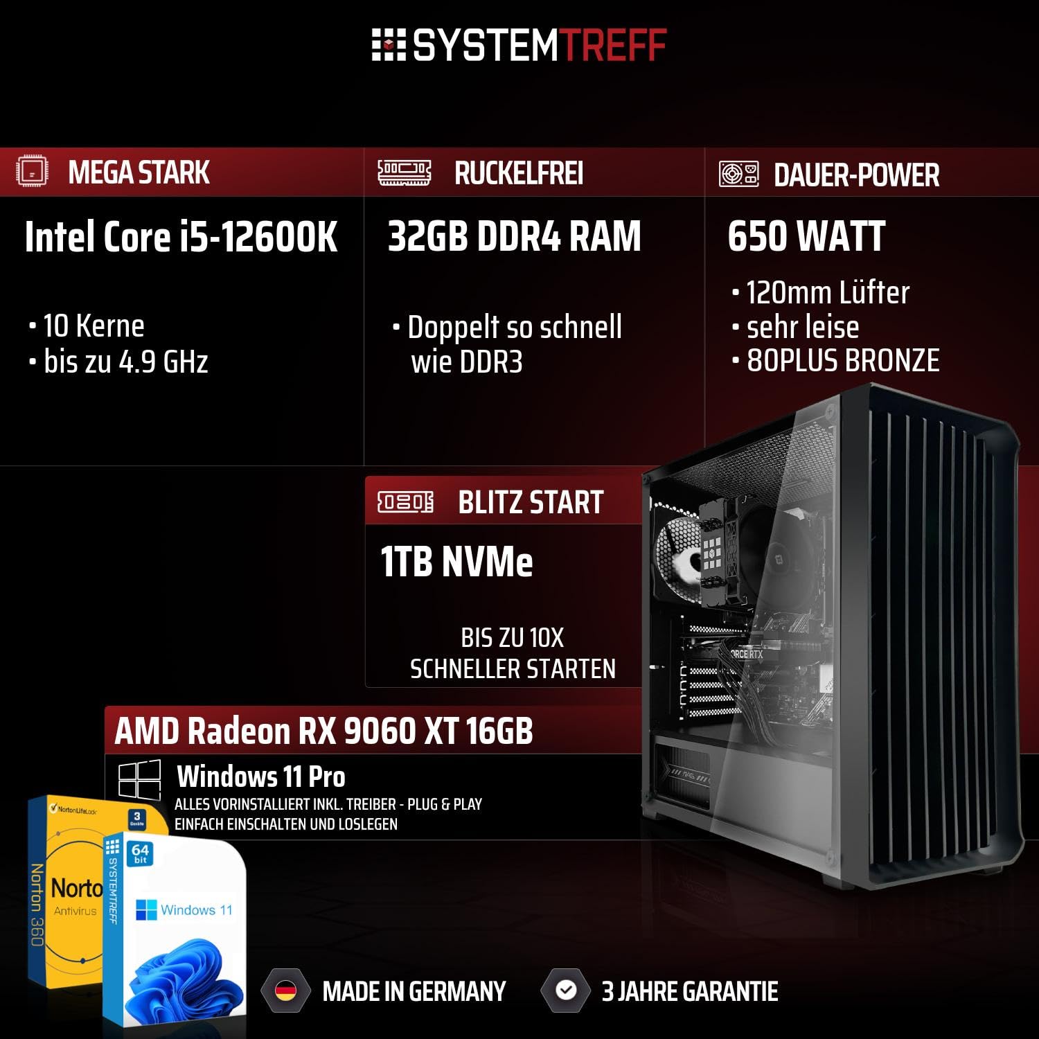 SYSTEMTREFF Office PC - Intel Core i5-12600K - RX 9060 XT 16GB | Intel 6-Kern CPU bis 4.9 GHz, 32GB DDR4, 1TB M.2 NVMe SSD, AMD Grafik WLAN, Windows 11, für Büro, Business