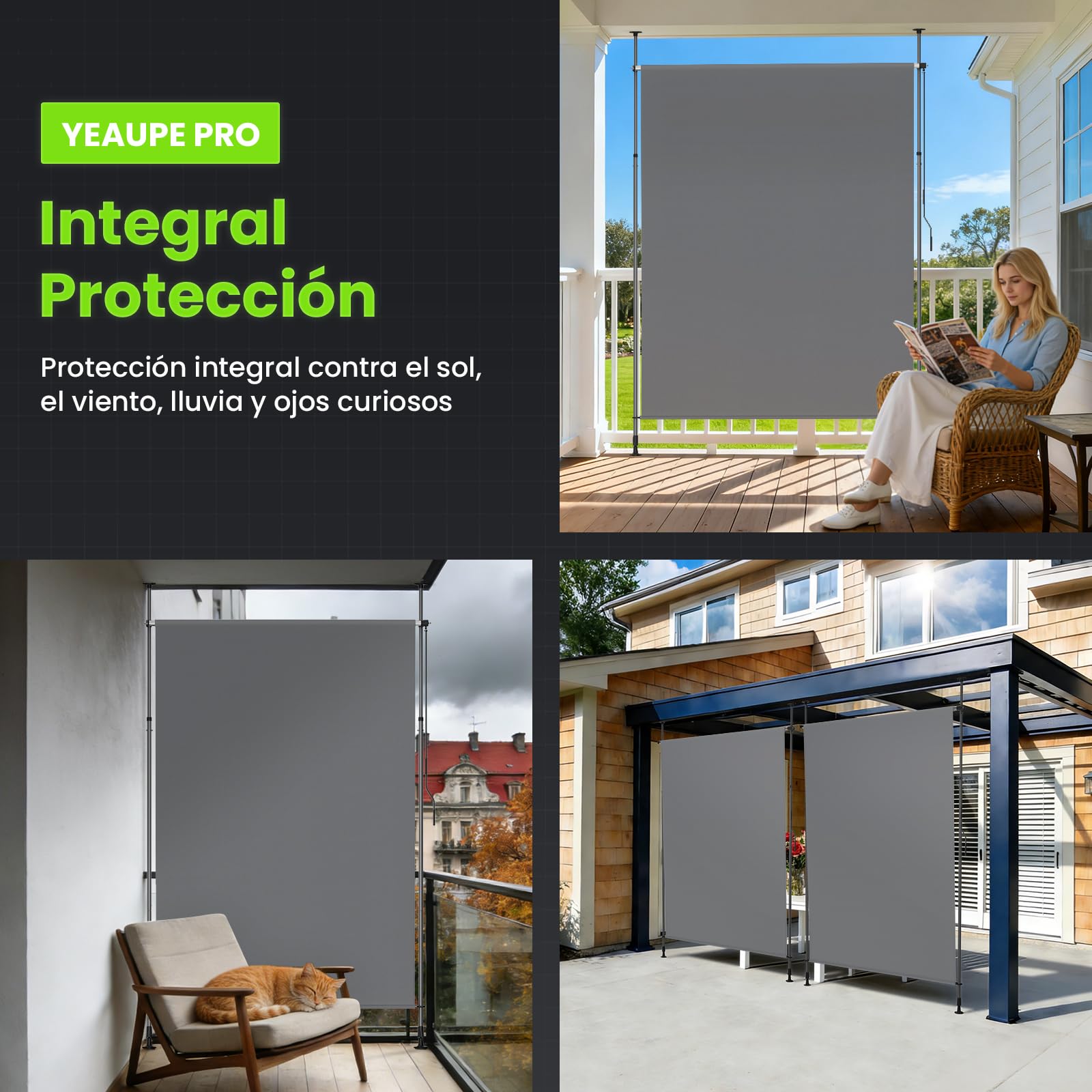 YEAUPE Pro Toldo Vertical Exterior, 100 x 300 cm, Gris Oscuro, sin Agujeros, toldo con Pinza, con manivela, Adecuado para balcón, terraza, Exterior y jardín, protección Visual Resistente a la