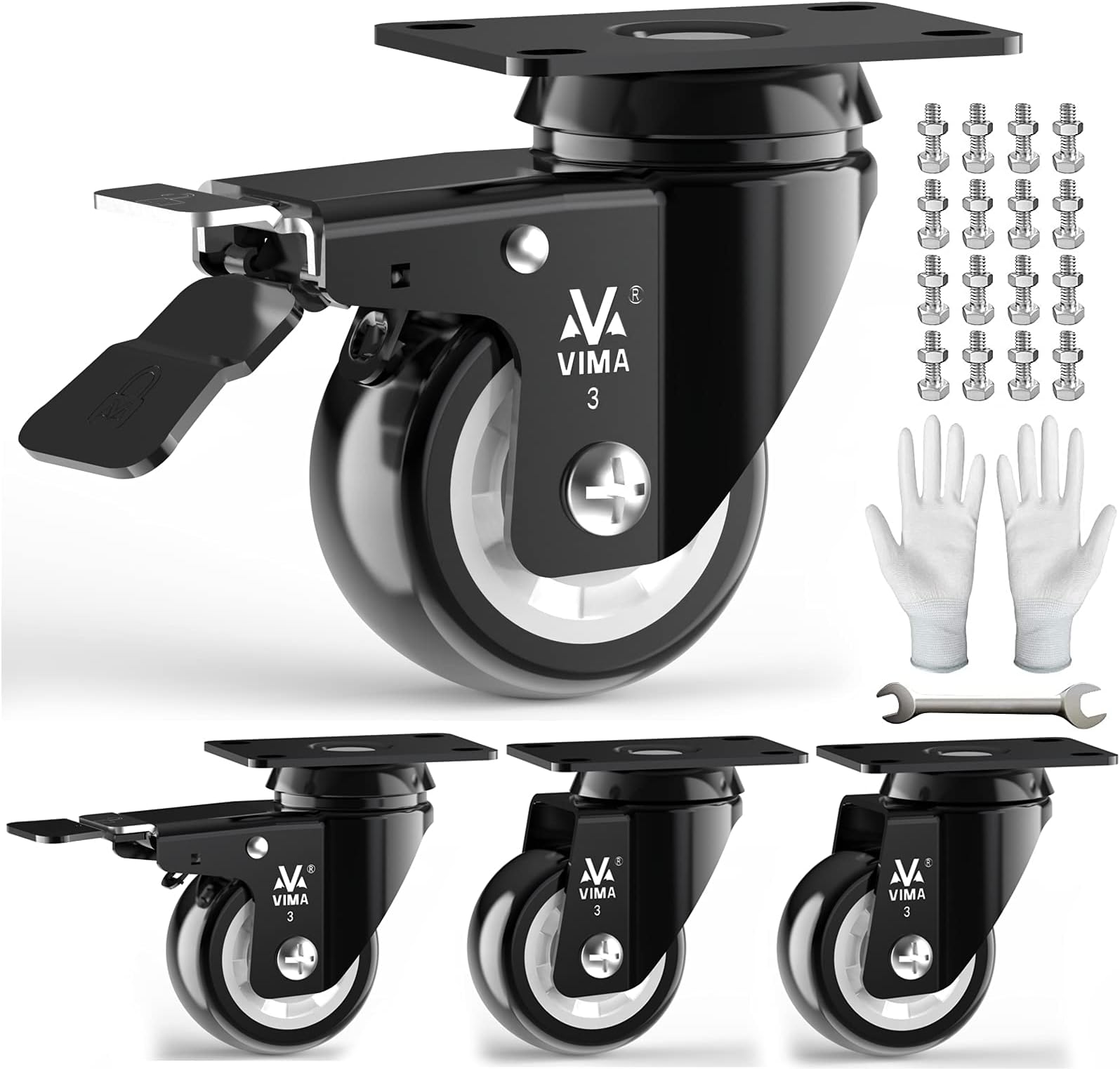 Heavy Duty Plate Caster Wheels 3" PU No Noise,Premium Polyurethane Double Ball Bearing Steels,Easily Lock or Unlock -200 Lbs Per Casters (Pack of 4, 2 Swivel Dual Locking & 2 Swivel) Black Wheel