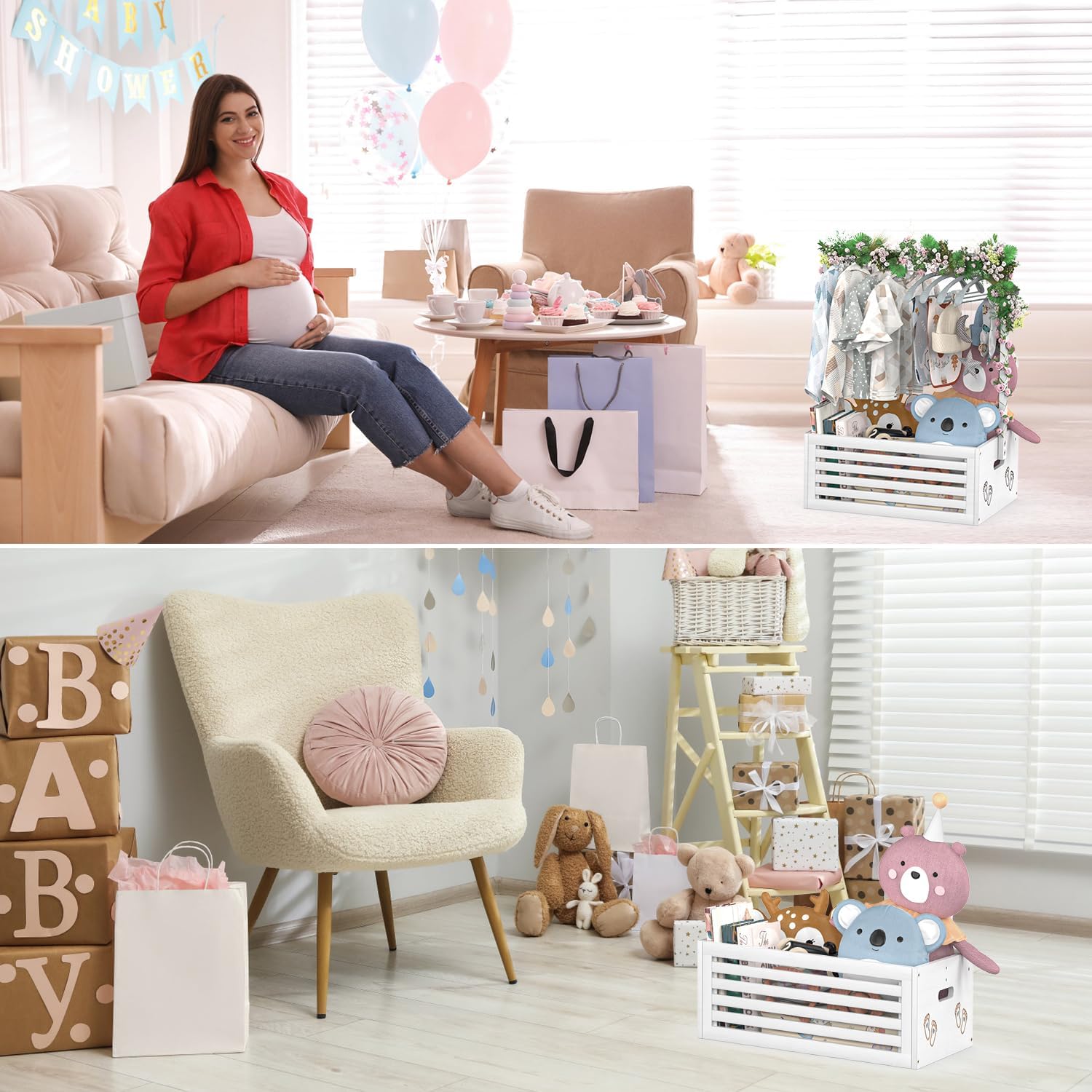 BAMBOOHOMIE Armadio per baby shower, cestino per feste con manico, cestino in bambù, cestino regalo di benvenuto per neonati, ragazzi e ragazze, regalo di gravidanza per neo genitori (bianco)