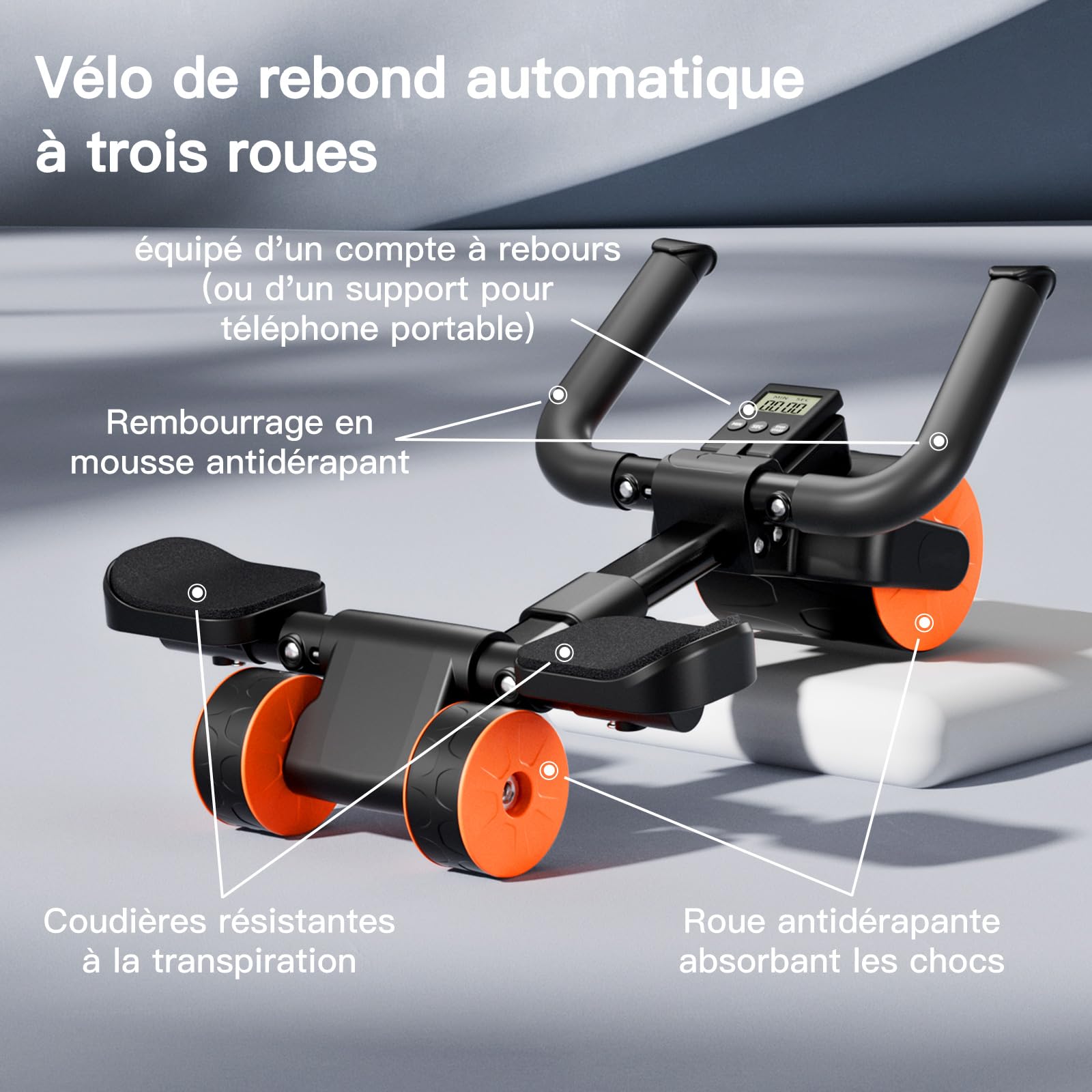 Roue Abdominale à Rebond Automatique Avec Tapis de Fitness【Conception à Trois Roues】Abdos Musculation Appareil Sport Maison, Roulette Abdominaux, gym Accessoires pour Hommes et Femmes