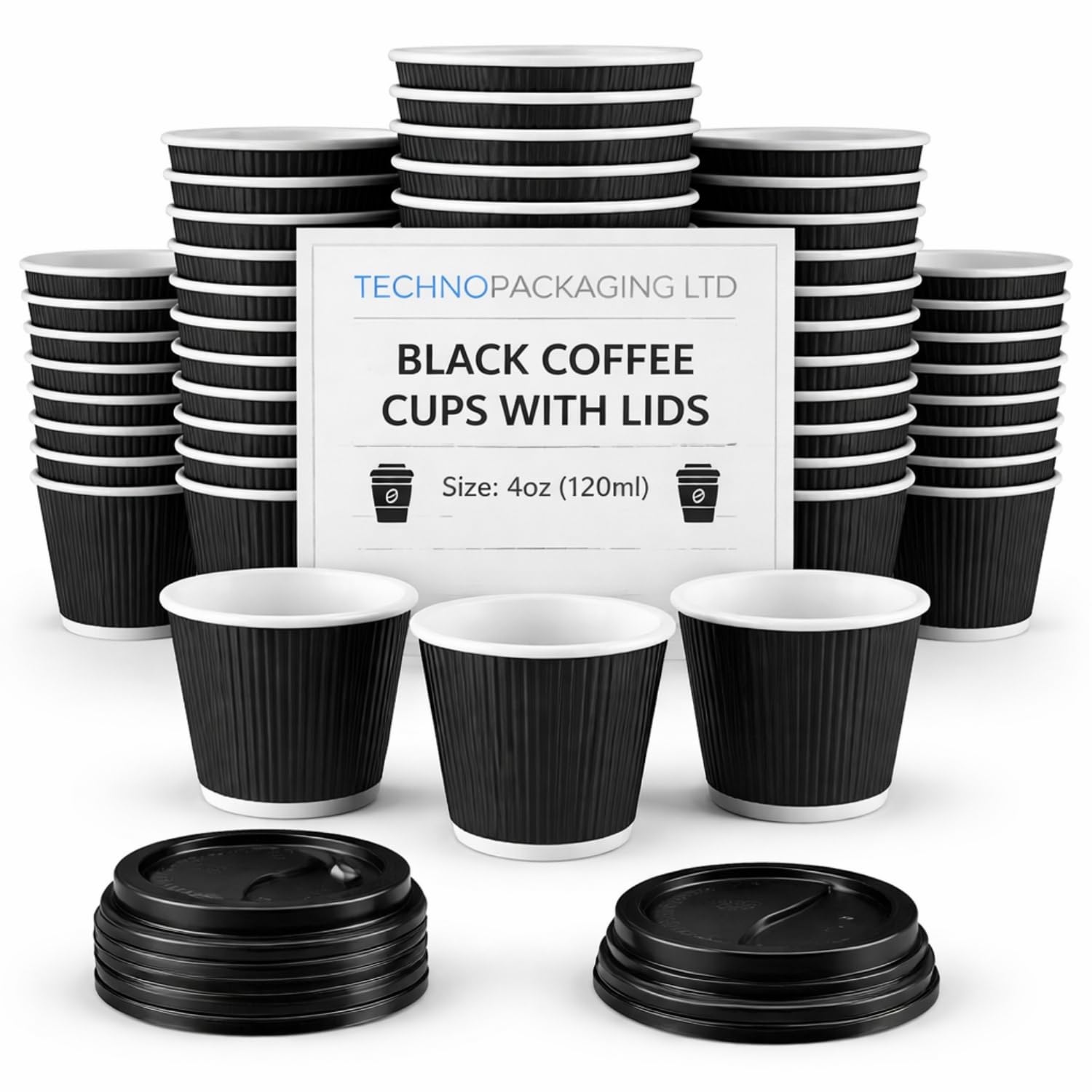 4oz Espresso Extra Small Black Disposable Kraft Paper Ripple Cups with Lids - Pack of 100 Insulated Triple Wall Takeaway Drinking Cup - Great for Coffee, Tea, and Hot Drinks - Reusable Paper Cups