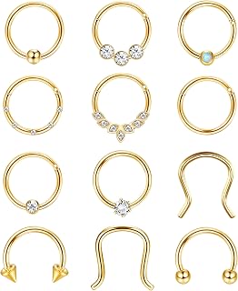 12PCS 16G Septum Rings Surgical Steel Septum Nose Piercing Jewelry Septum Clicker Nose Rings Hoops for Women Men Horseshoe Daith Helix Tragus Lip Cartilage Earrings Silver Gold 8MM 10MM