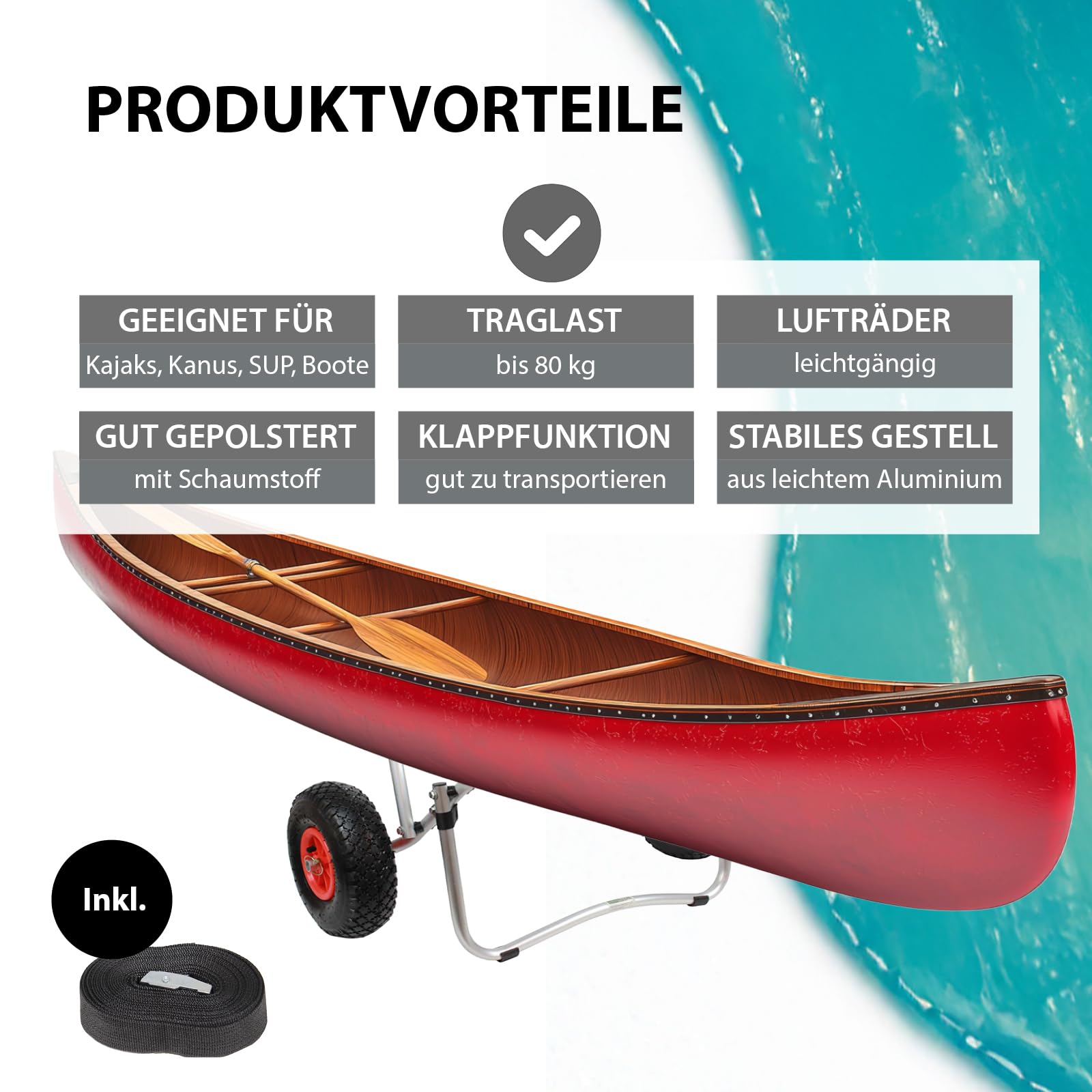 TRUTZHOLM Kajakwagen klappbar aus Aluminium mit Schaumstoff-Polsterung Lufträder Kanuwagen bis 80 kg Transportwagen für Wassersportgeräte Kajakwagen SUP Wagen Bootswagen Surfwagen inkl. Spannriemen