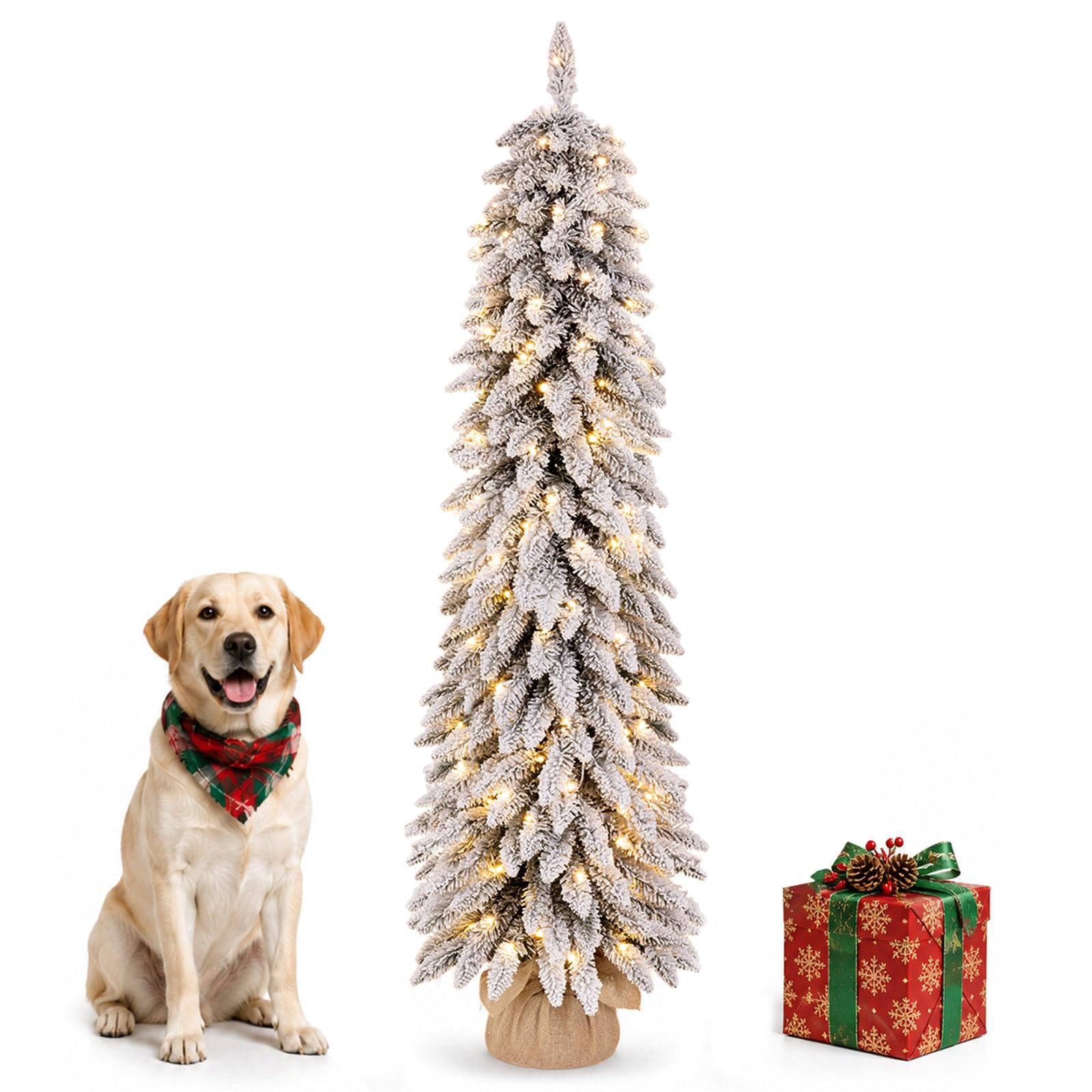 Yorbay Sapin de Noël Artificiel 150cm avec Neige: Sapin Slim en PVC avec Éclairage LED et Socle en Ciment – Décoration de Noël pour la Maison Bureau Commerce