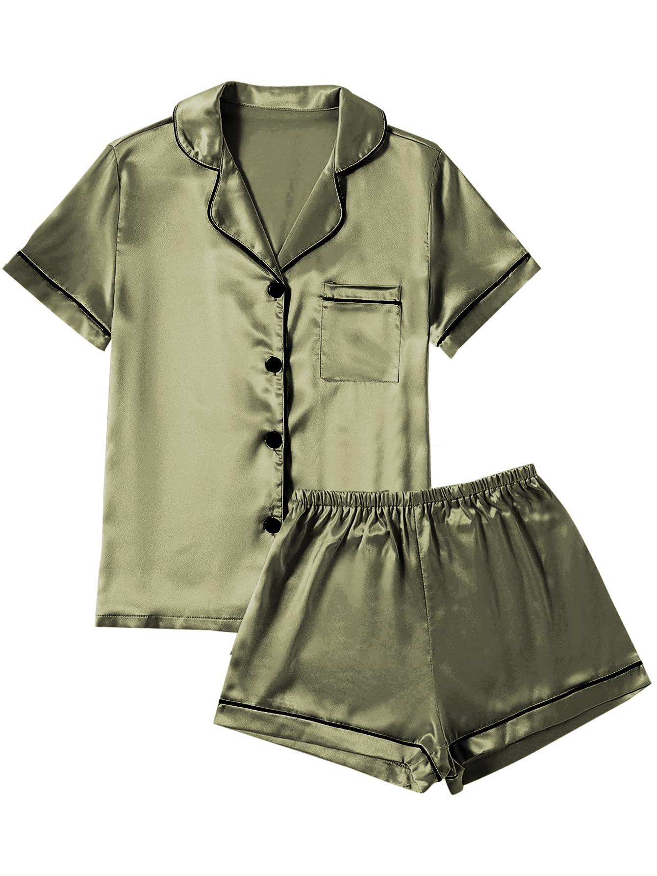 LYANERWomen's Satin Pajamas Set Short Sleeve Button Shirt Silky Sleepwear With Shorts Set PJ